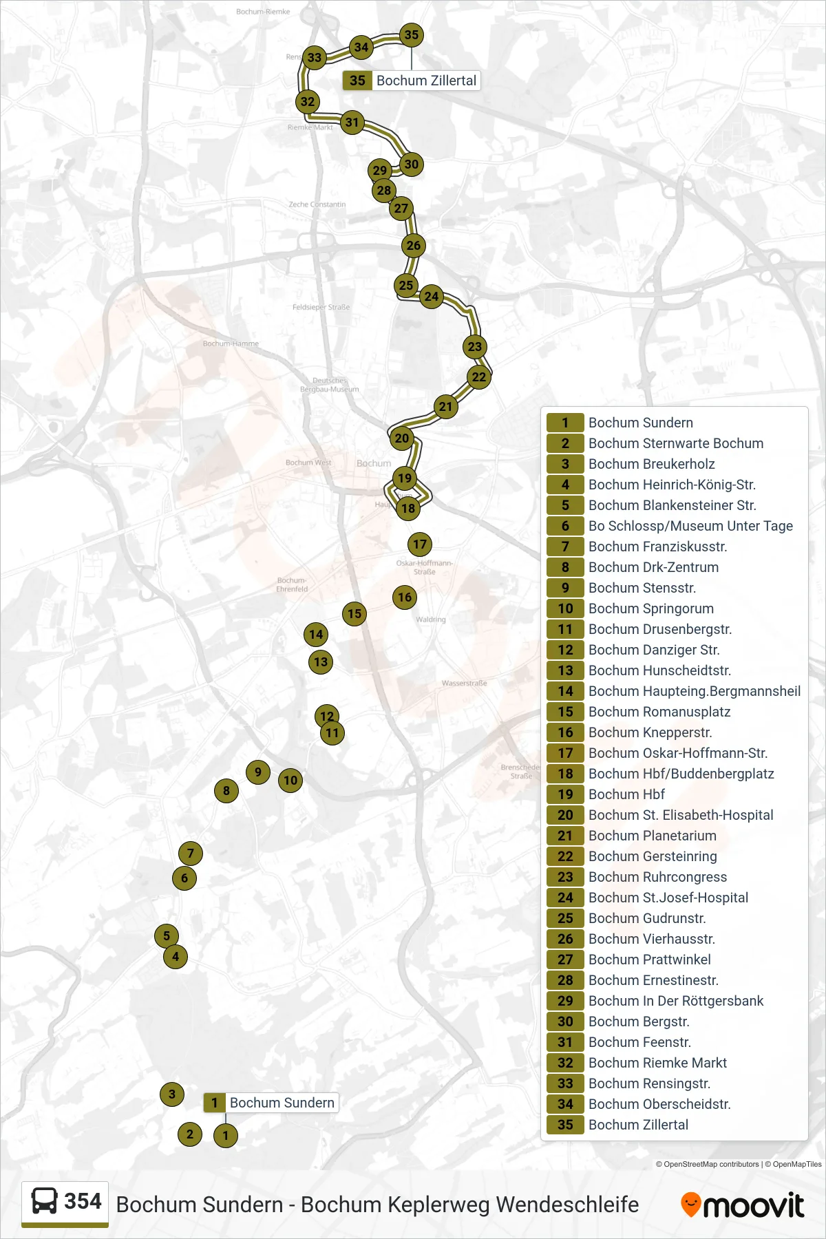 354 bus Line (Bochum Zillertal) route and stops on a map
