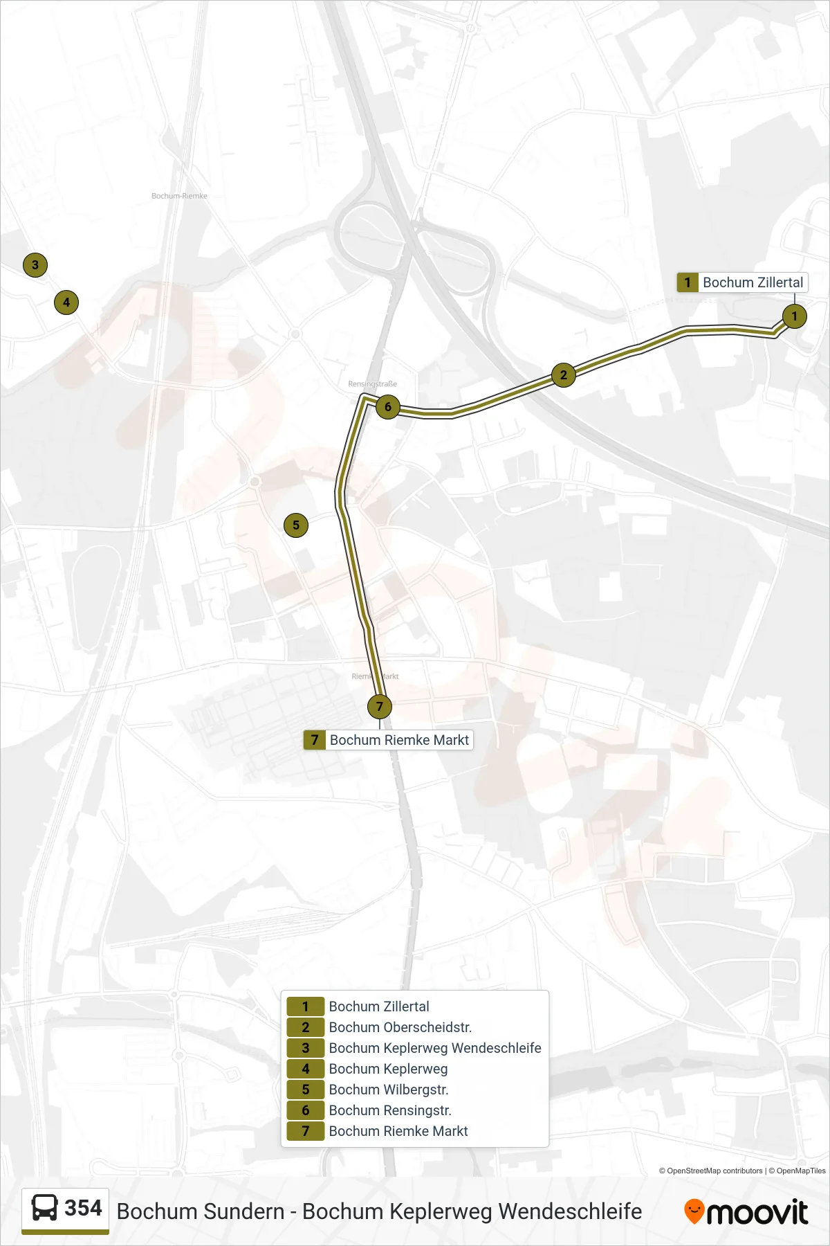 Linie 354 (Bus) Richtung Bochum Riemke Markt: Route und Haltestellen auf der Karte