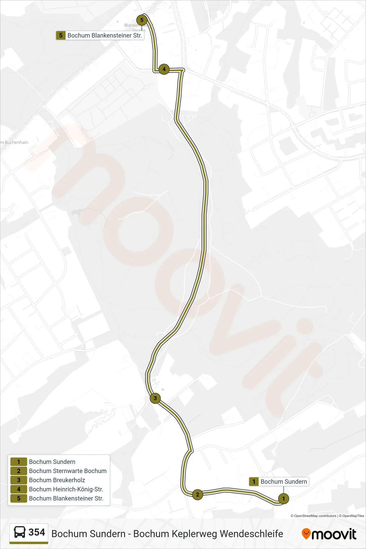 354 bus Line (Bochum Blankensteiner Str.) route and stops on a map