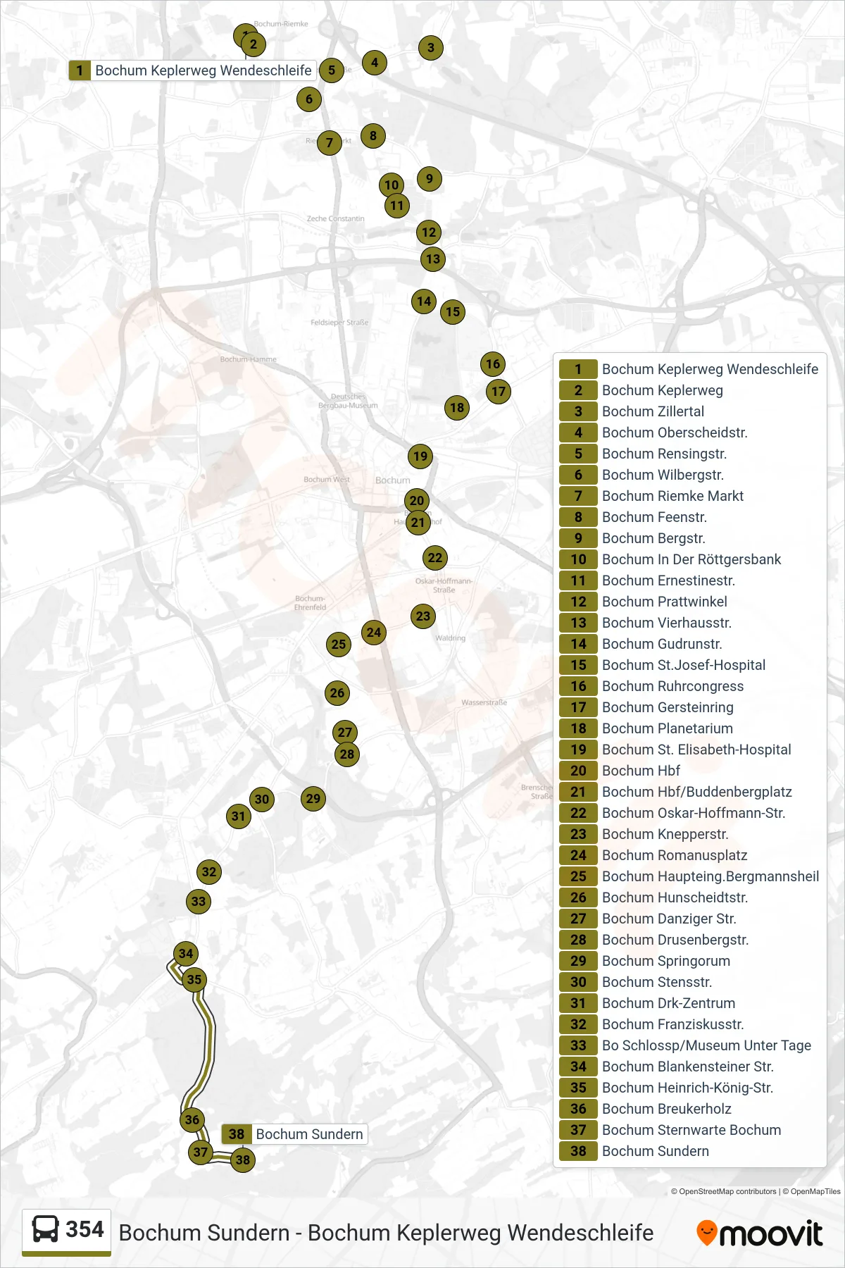 354 bus Line (Bochum Sundern) route and stops on a map
