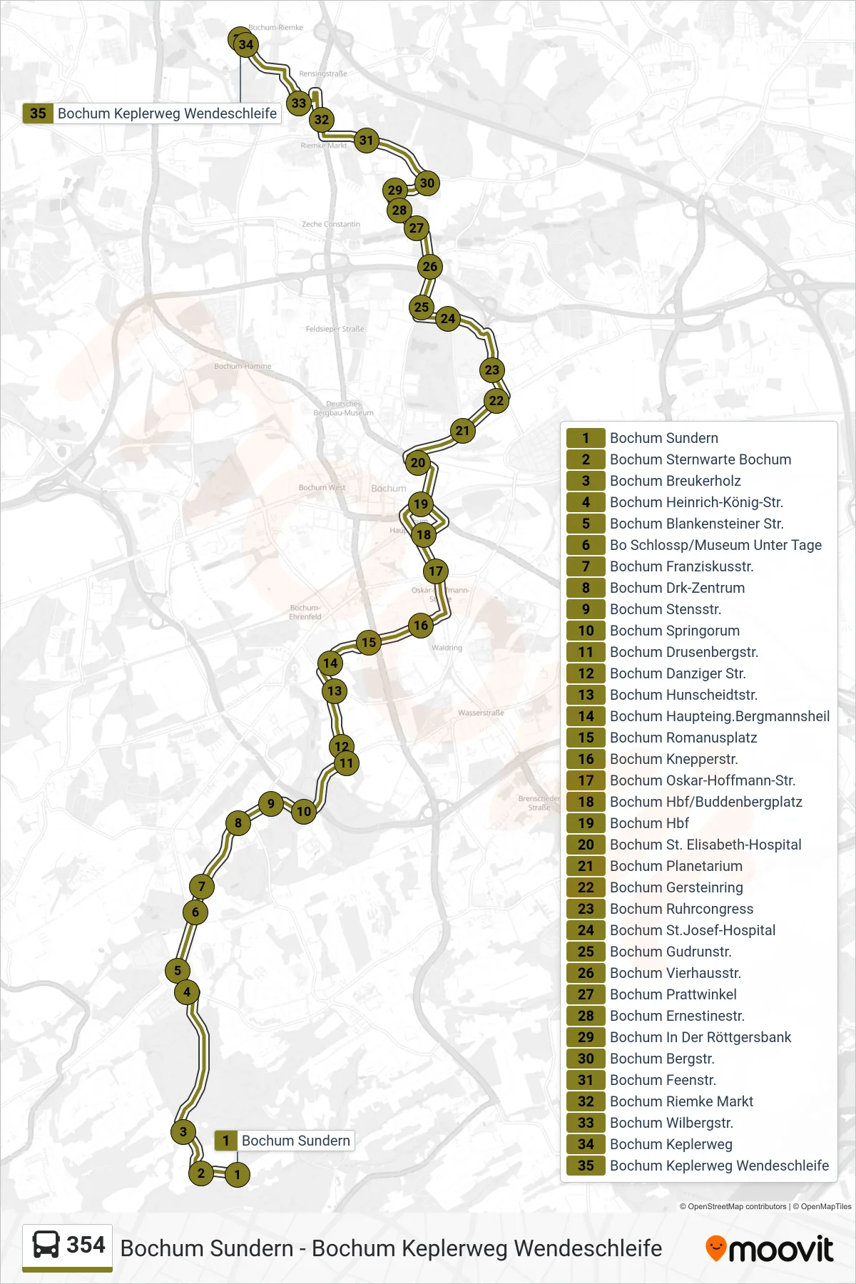 354 bus Line (Bochum Keplerweg Wendeschleife) route and stops on a map