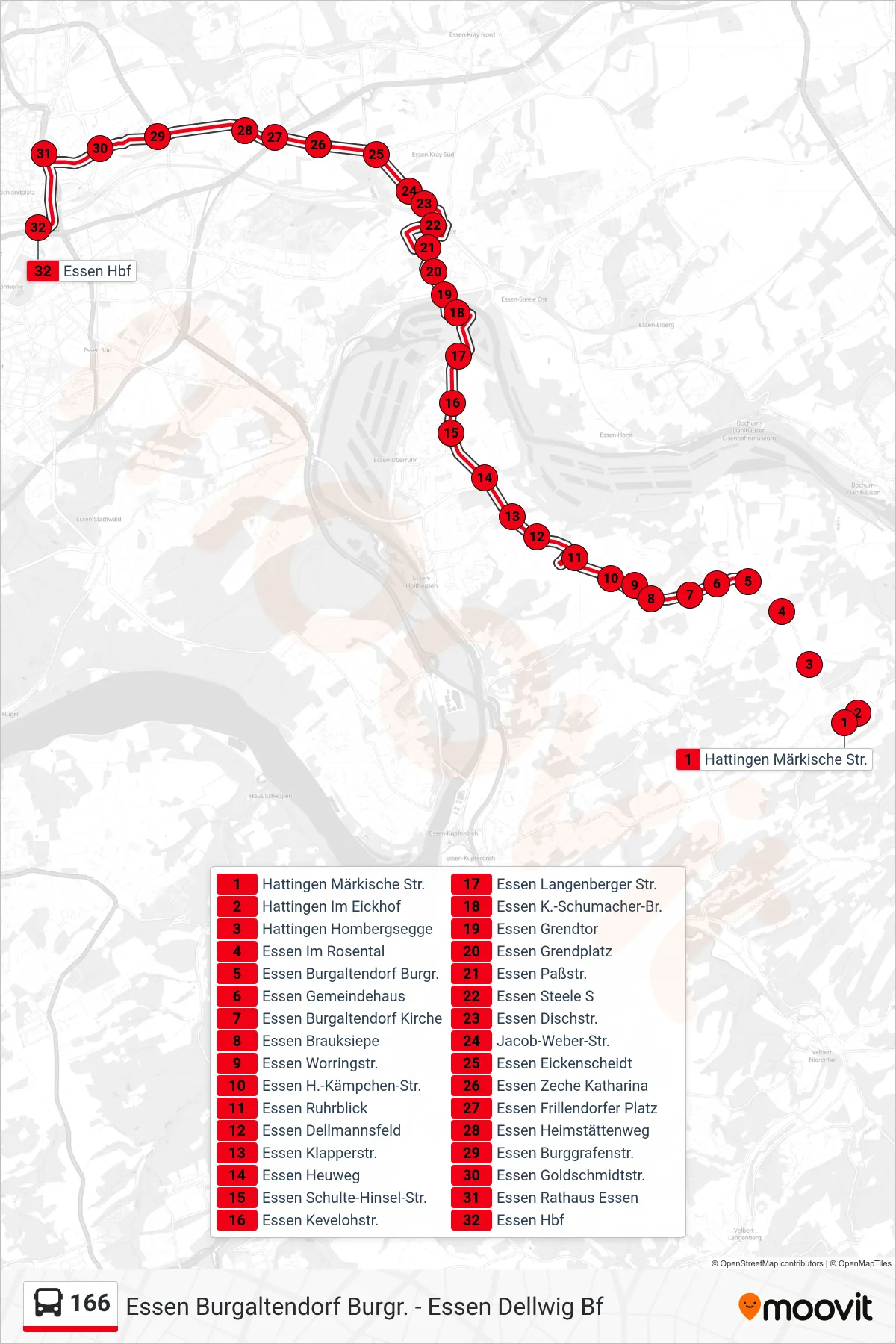 166 bus Line (Essen Hbf) route and stops on a map