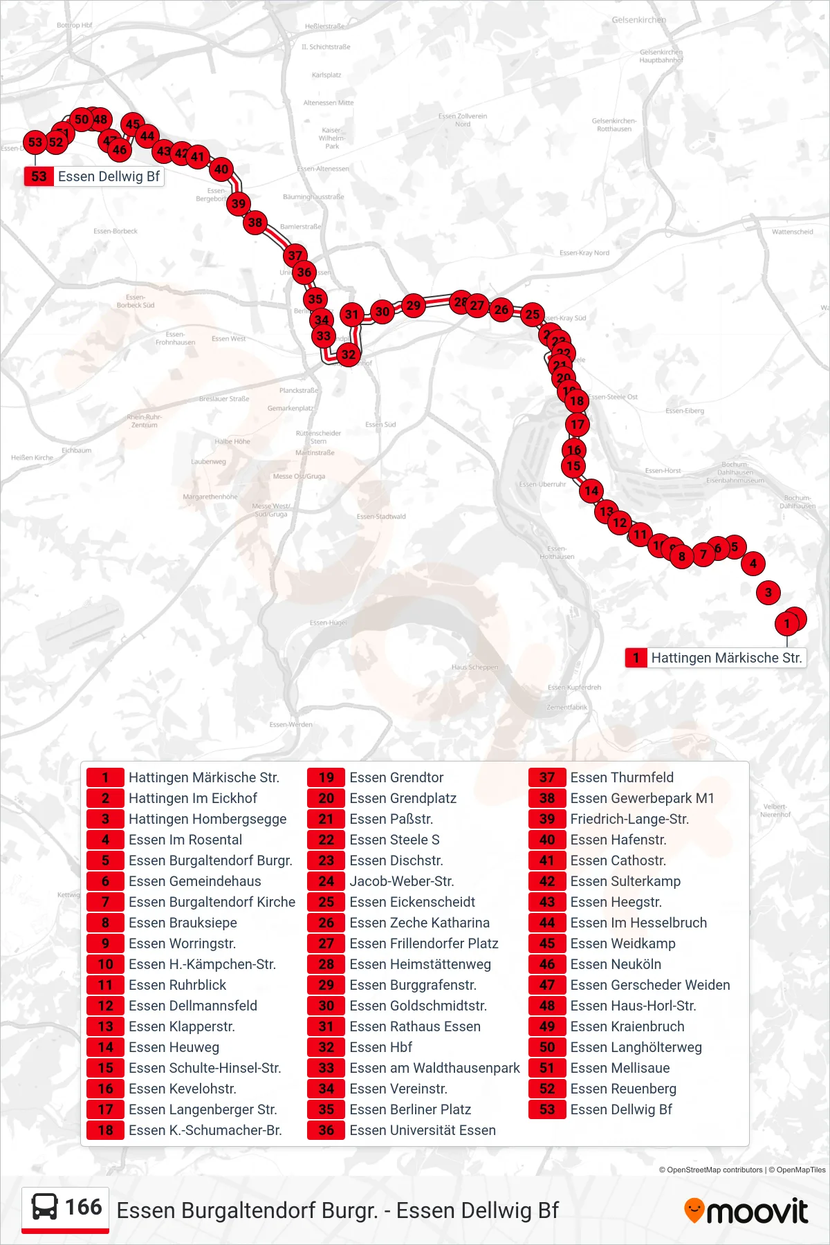 Linie 166 (Bus) Richtung Essen Dellwig Bf: Route und Haltestellen auf der Karte