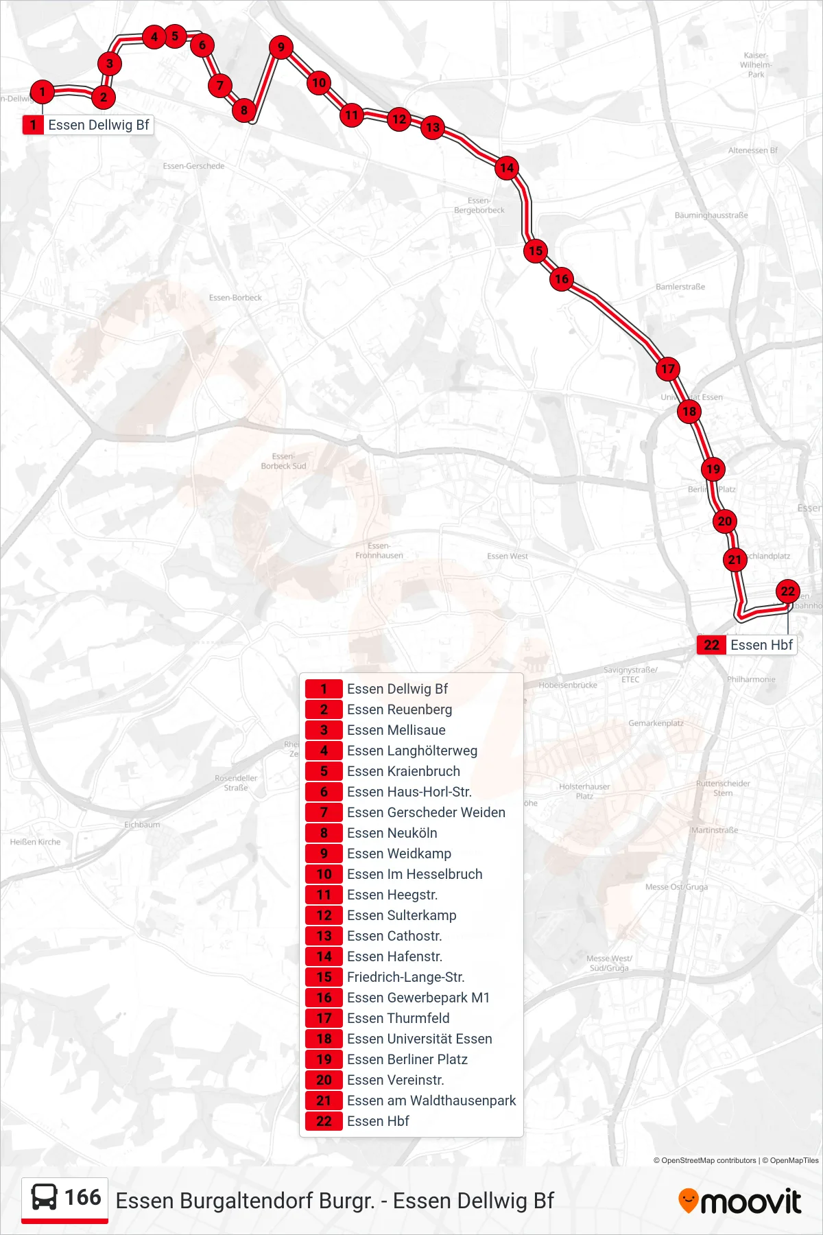 Linie 166 (Bus) Richtung Essen Hbf: Route und Haltestellen auf der Karte