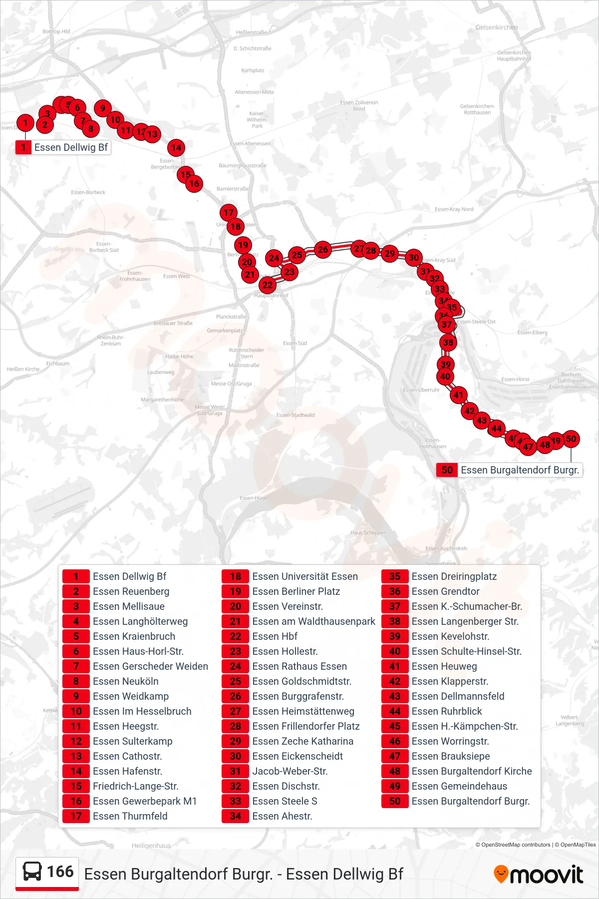 Linie 166 (Bus) Richtung Essen Burgaltendorf Burgr.: Route und Haltestellen auf der Karte