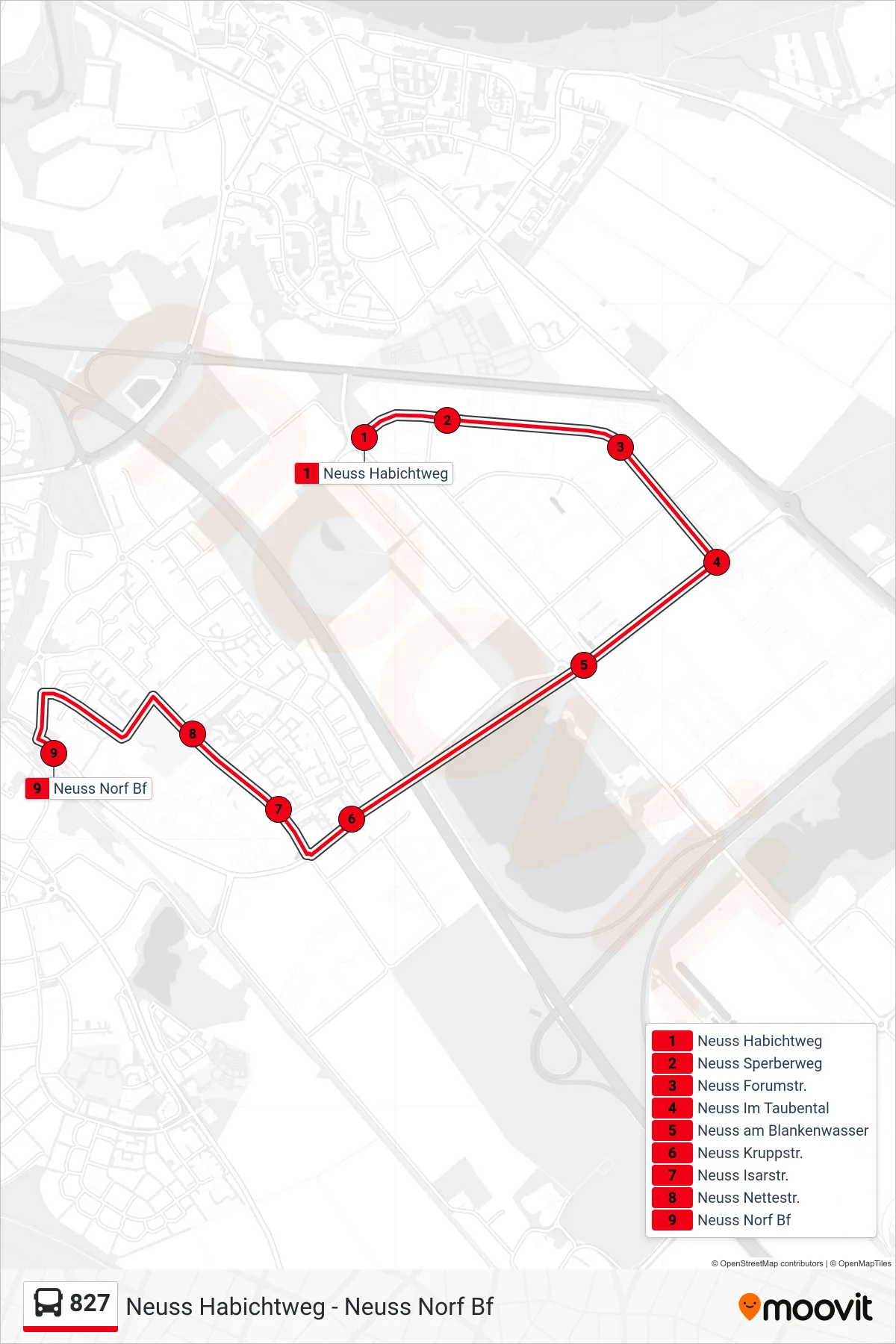 827 bus Line (Neuss Norf Bf) route and stops on a map