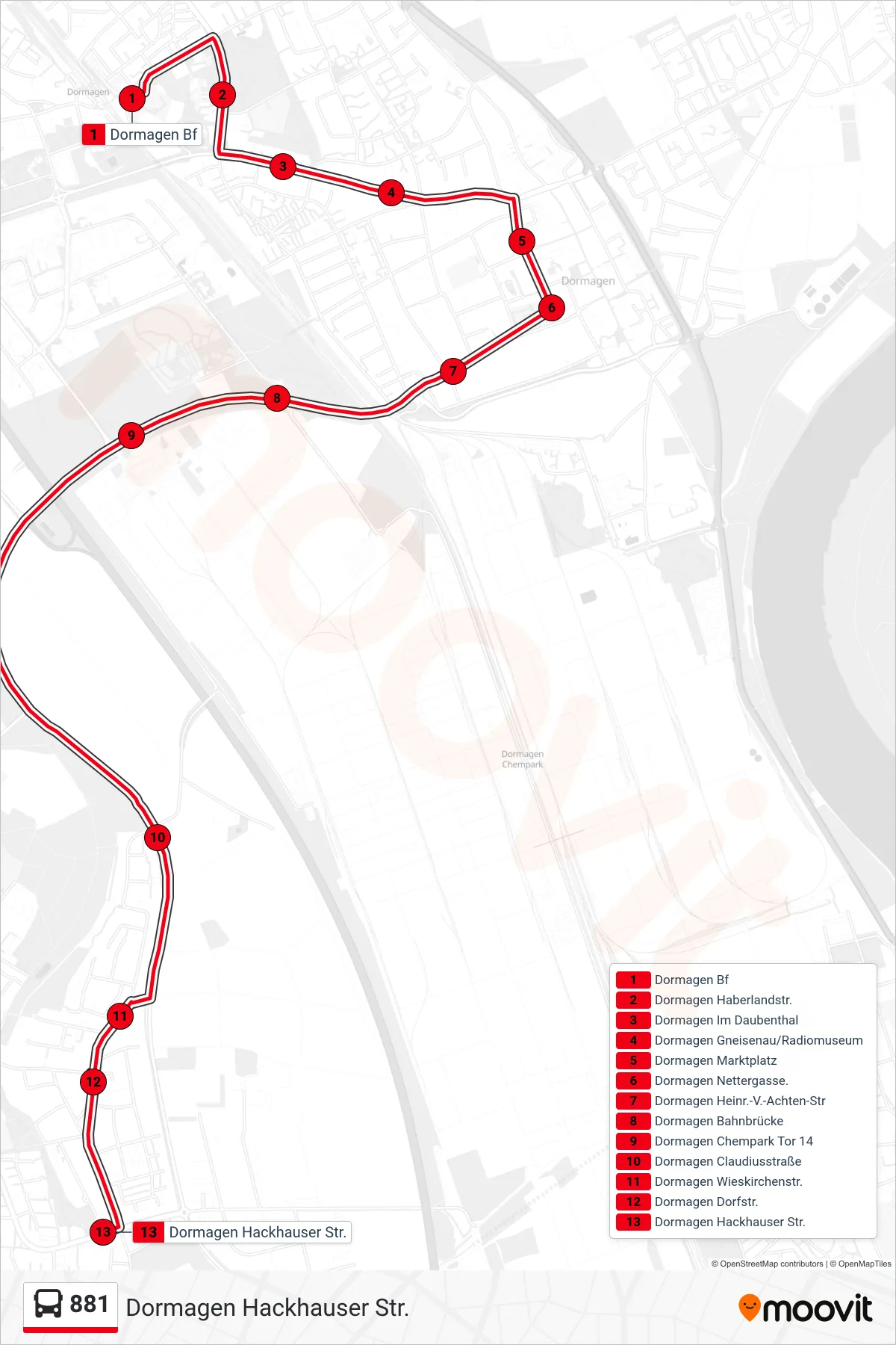 Linie 881 (Bus) Richtung Dormagen Hackhauser Str.: Route und Haltestellen auf der Karte