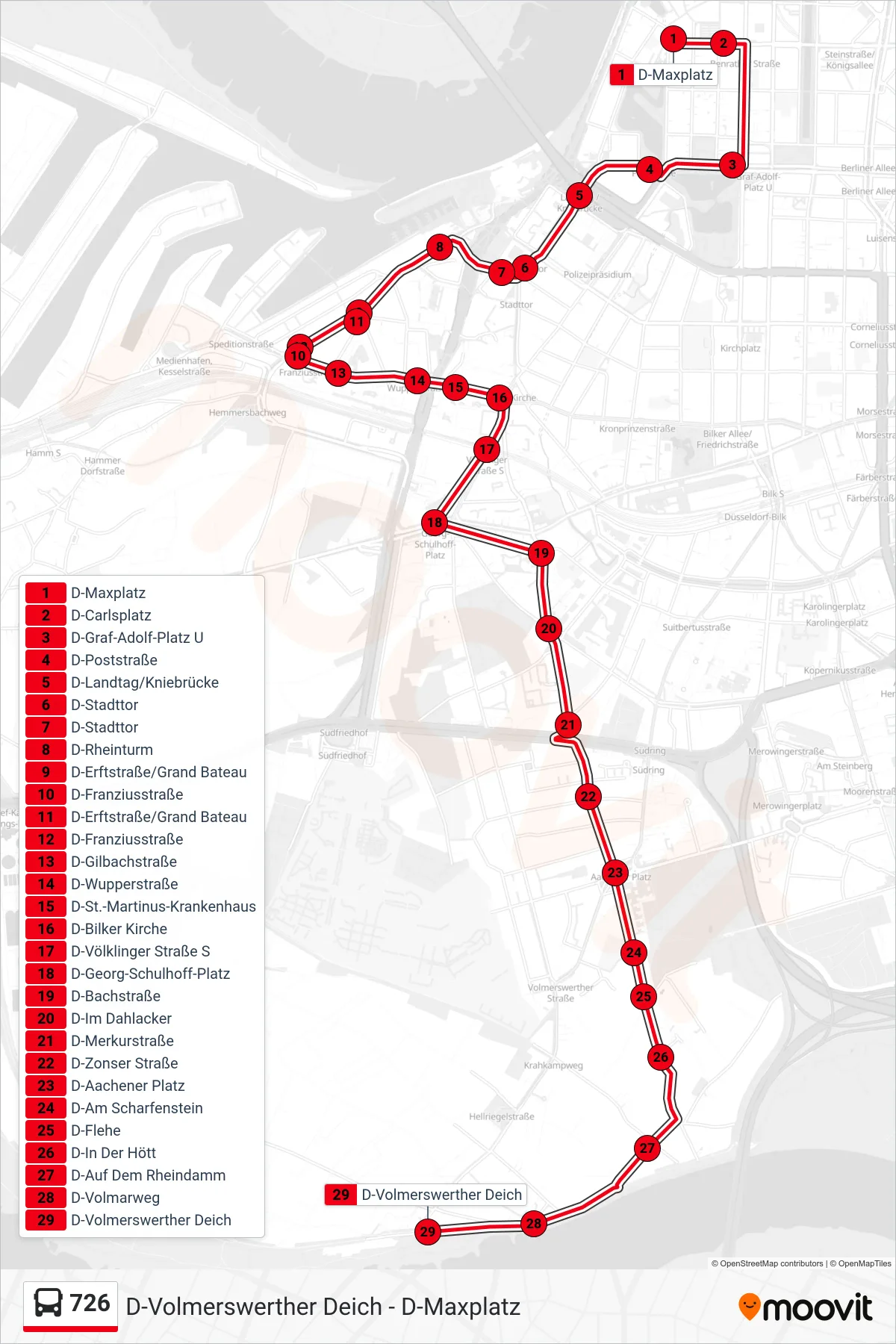 Linie 726 (Bus) Richtung D-Volmerswerther Deich: Route und Haltestellen auf der Karte
