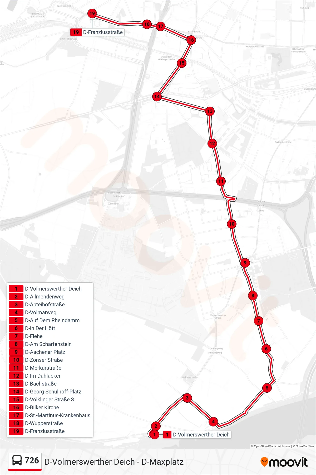 Linie 726 (Bus) Richtung D-Franziusstraße: Route und Haltestellen auf der Karte