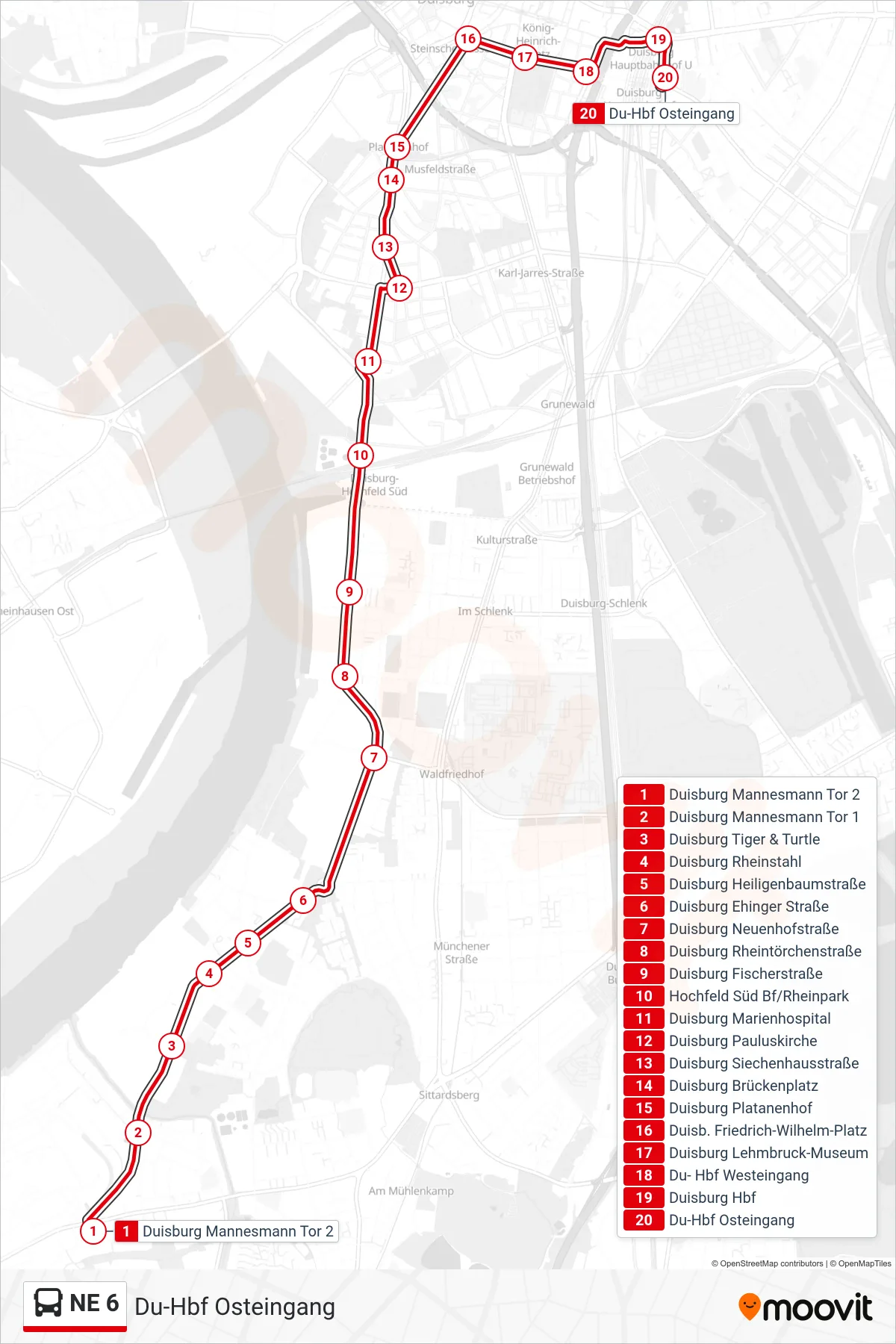 Linie NE 6 (Bus) Richtung Du-Hbf Osteingang: Route und Haltestellen auf der Karte