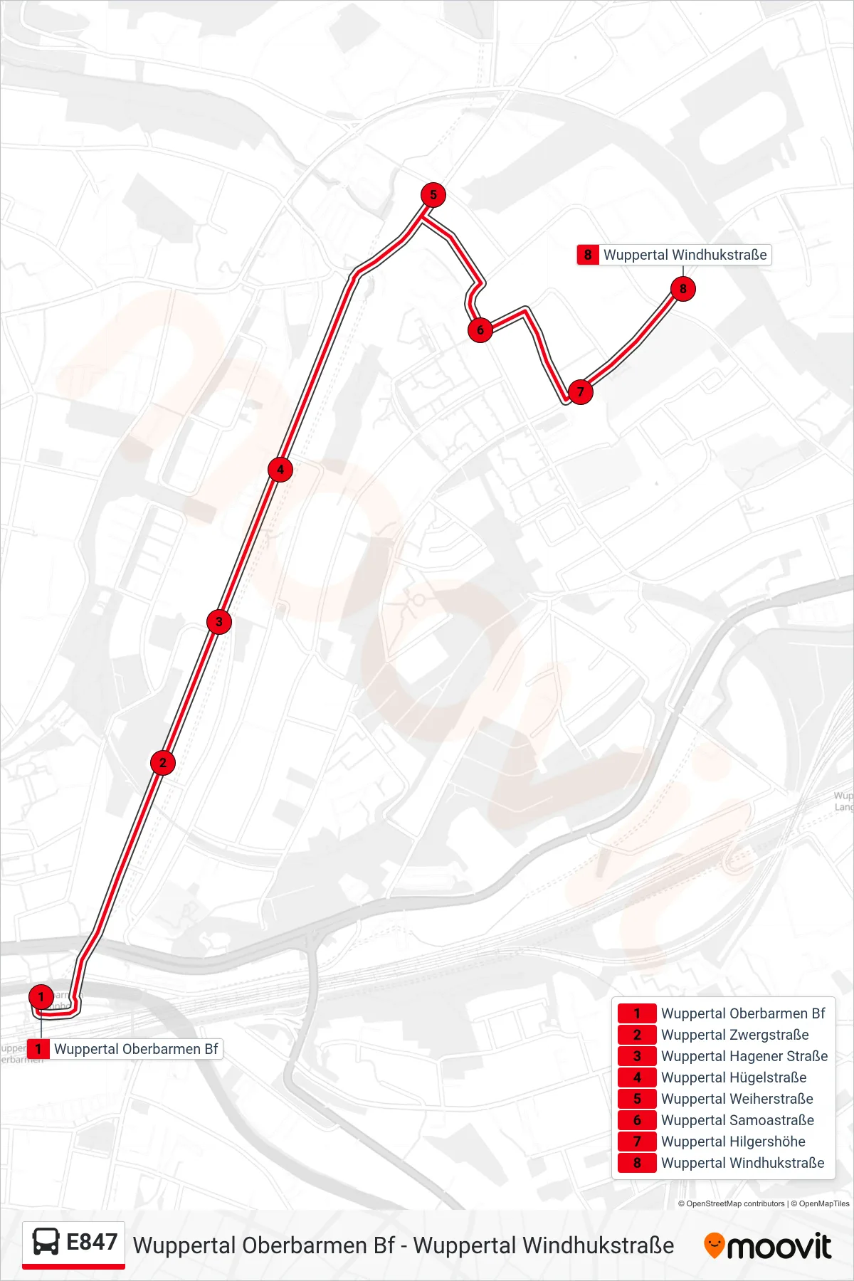 Linie E847 (Bus) Richtung Wuppertal Windhukstraße: Route und Haltestellen auf der Karte