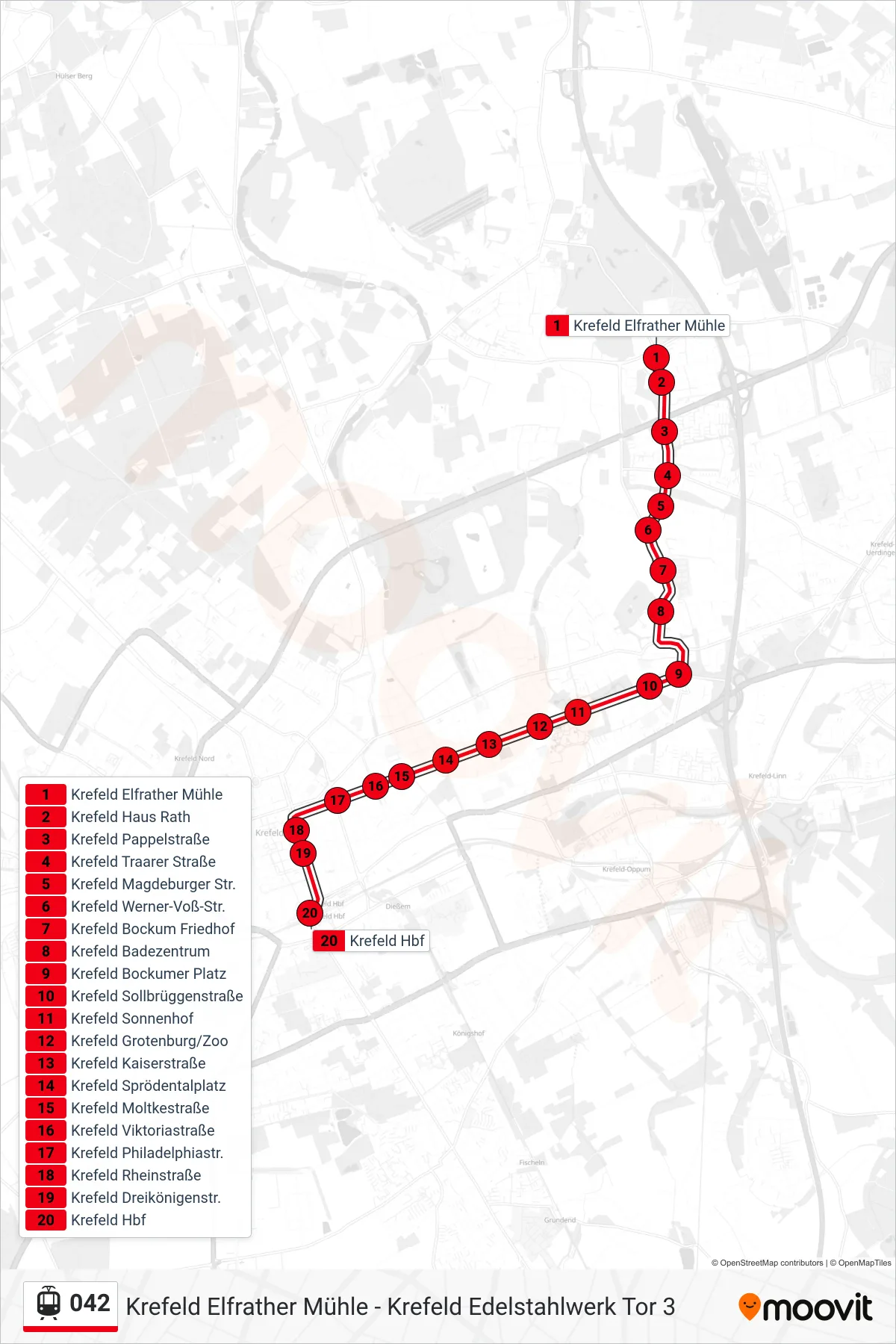 Linie 042 (Tram) Richtung Krefeld Hbf: Route und Haltestellen auf der Karte