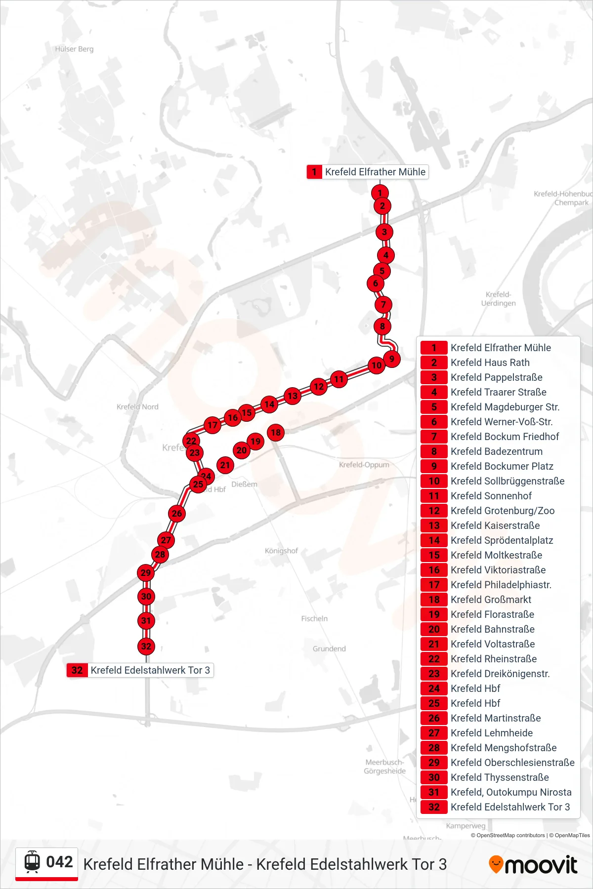 Linie 042 (Straßenbahn) Richtung Krefeld Edelstahlwerk Tor 3: Route und Haltestellen auf der Karte