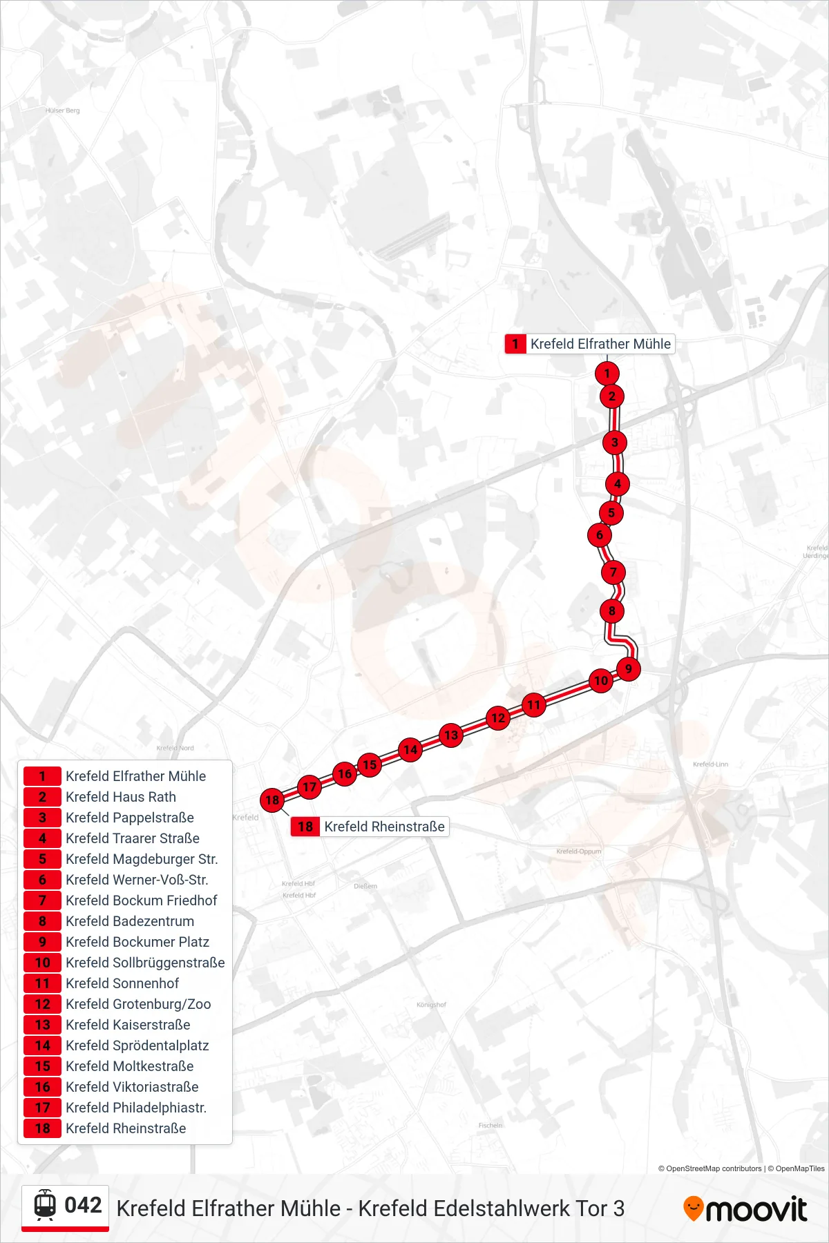 Linie 042 (Straßenbahn) Richtung Krefeld Rheinstraße: Route und Haltestellen auf der Karte