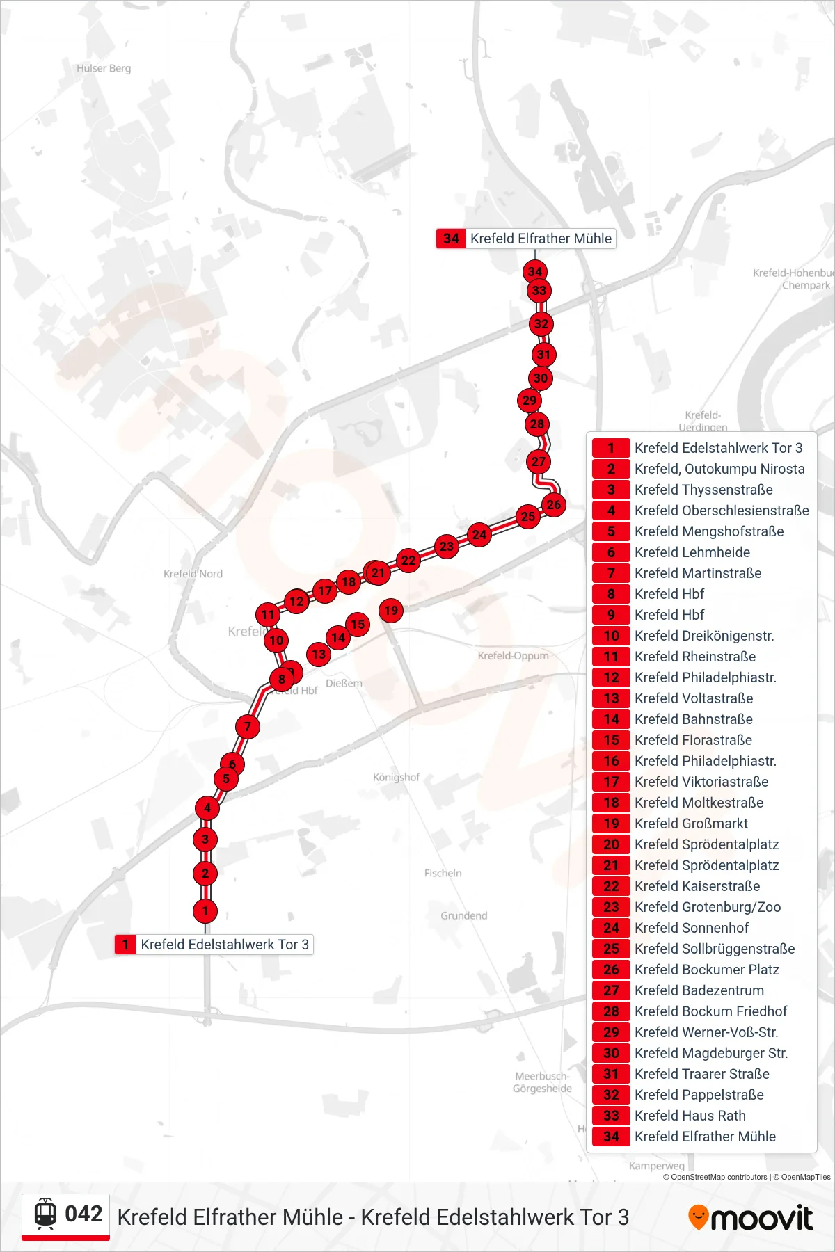 Linie 042 (Straßenbahn) Richtung Krefeld Elfrather Mühle: Route und Haltestellen auf der Karte