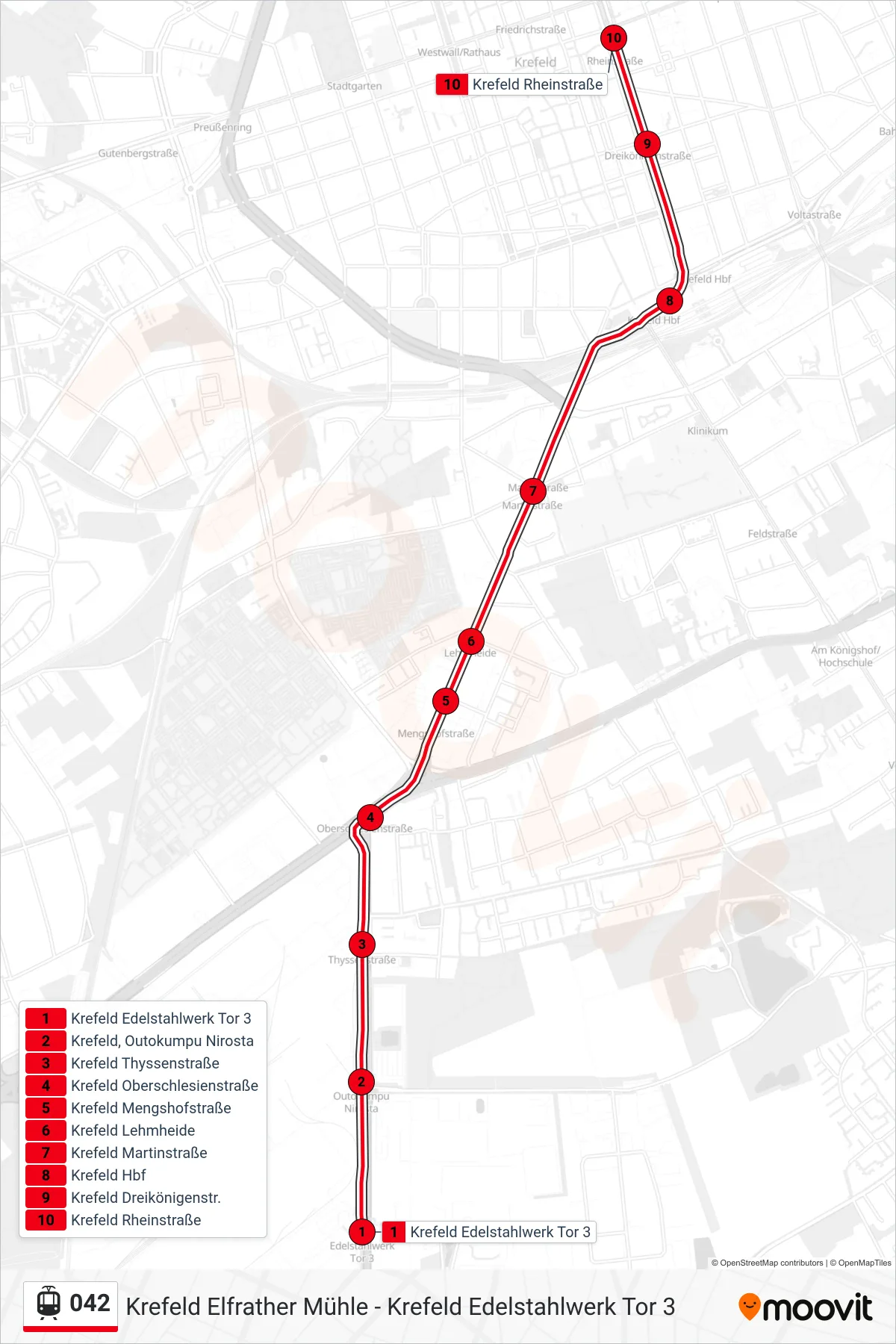 Linie 042 (Straßenbahn) Richtung Krefeld Rheinstraße: Route und Haltestellen auf der Karte