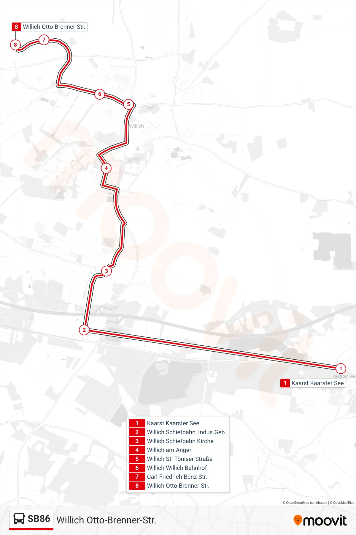 Linie SB86 (Bus) Richtung Willich Otto-Brenner-Str.: Route und Haltestellen auf der Karte