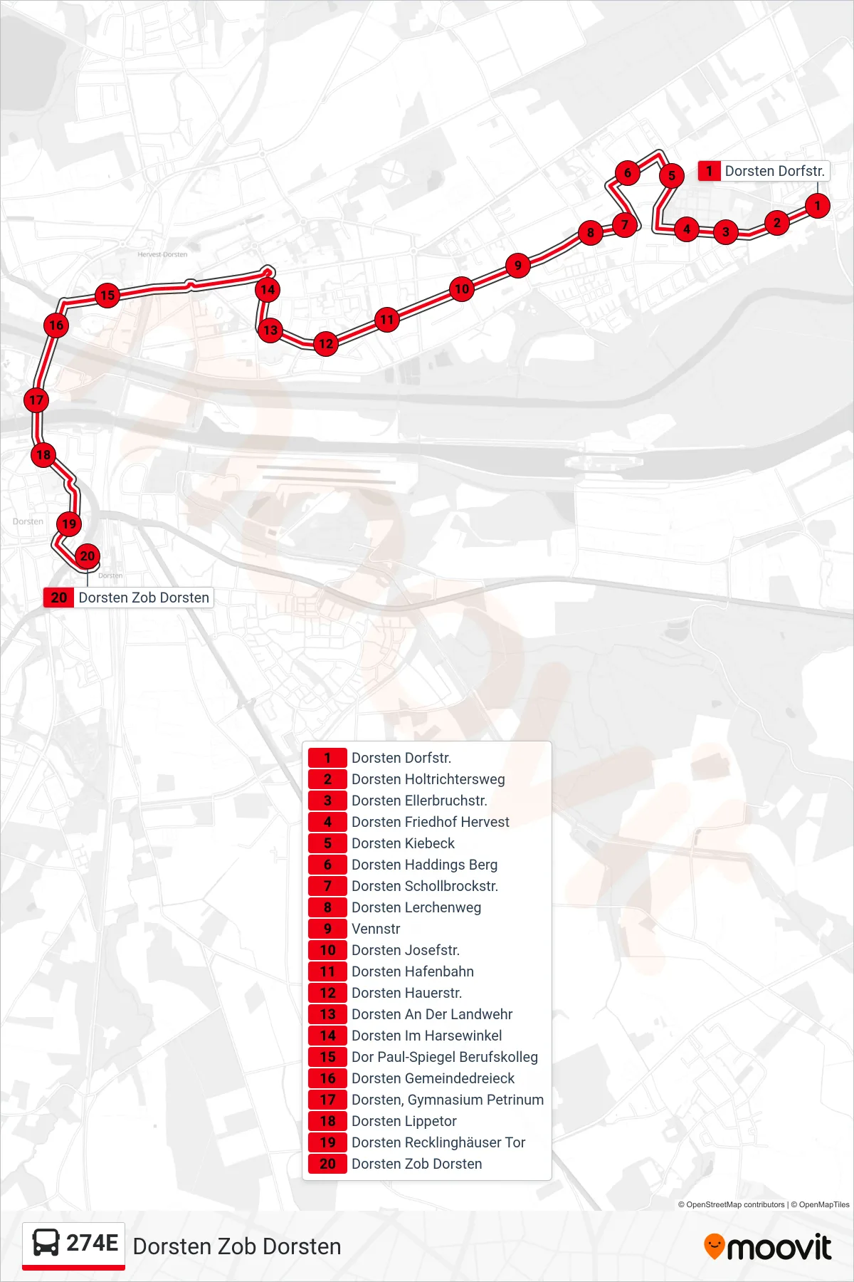Linie 274E (Bus) Richtung Dorsten Zob Dorsten: Route und Haltestellen auf der Karte