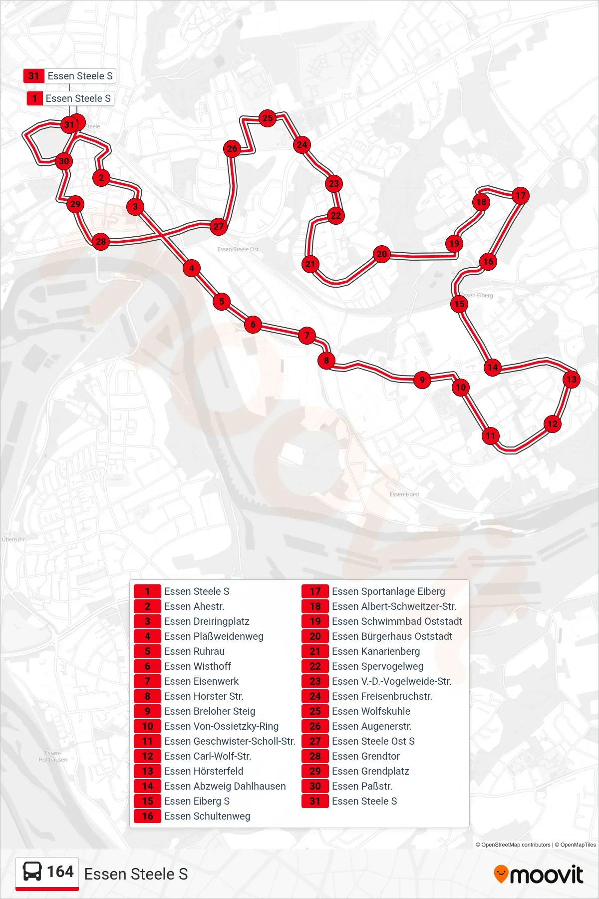 Linie 164 (Bus) Richtung Essen Steele S: Route und Haltestellen auf der Karte