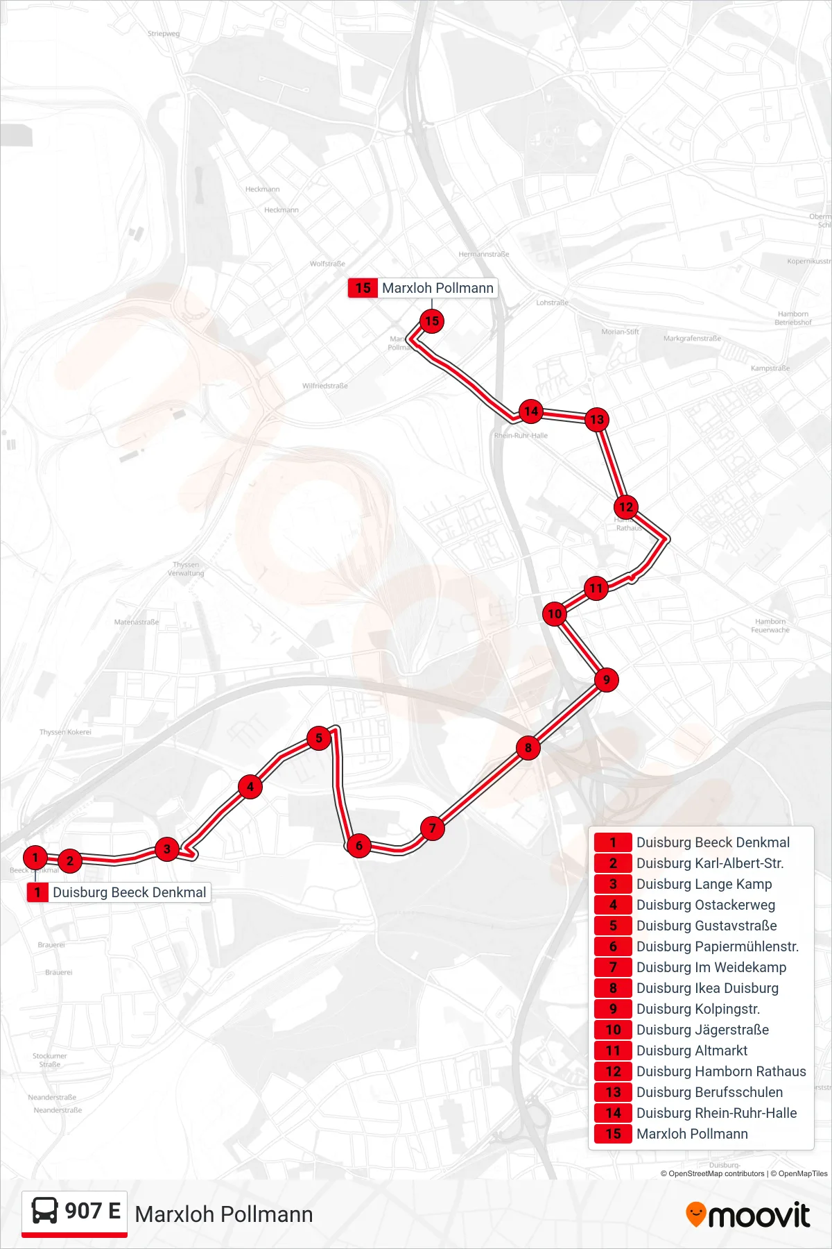 907 E bus Line (Marxloh Pollmann) route and stops on a map