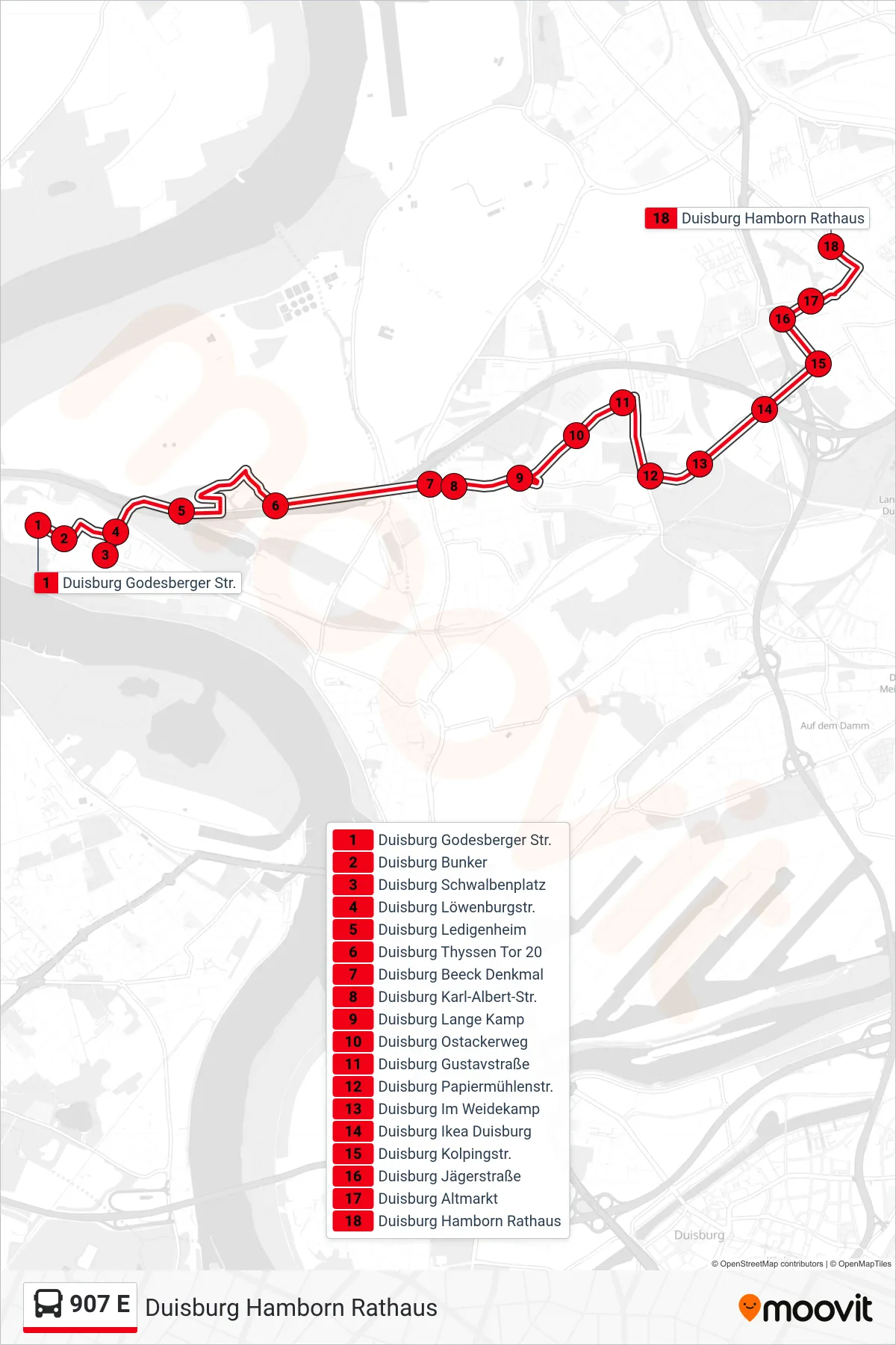 Linie 907 E (Bus) Richtung Duisburg Hamborn Rathaus: Route und Haltestellen auf der Karte