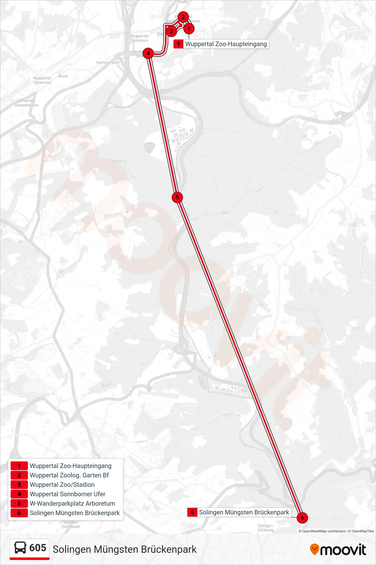 Linie 605 (Bus) Richtung Solingen Müngsten Brückenpark: Route und Haltestellen auf der Karte
