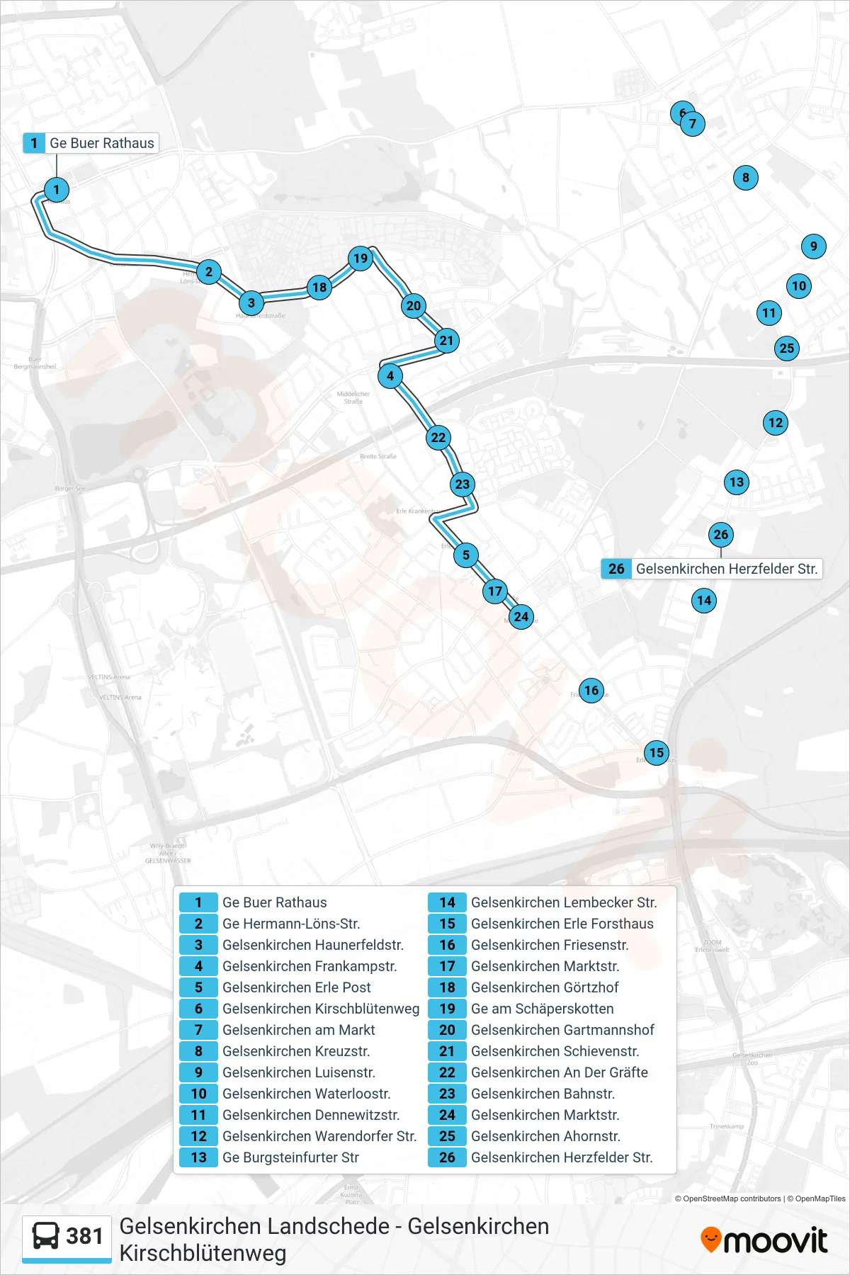 Linie 381 (Bus) Richtung Gelsenkirchen Marktstr.: Route und Haltestellen auf der Karte