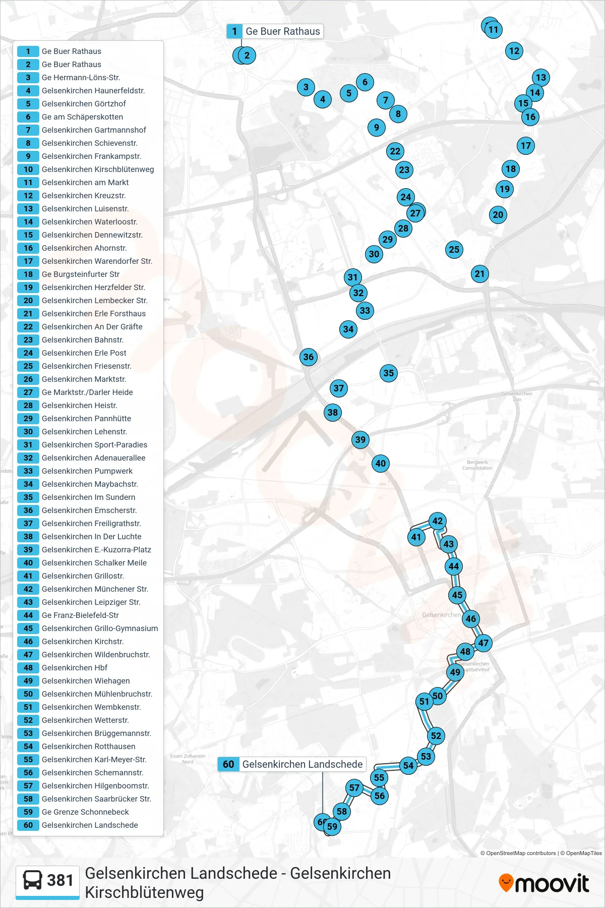 Linie 381 (Bus) Richtung Gelsenkirchen Landschede: Route und Haltestellen auf der Karte