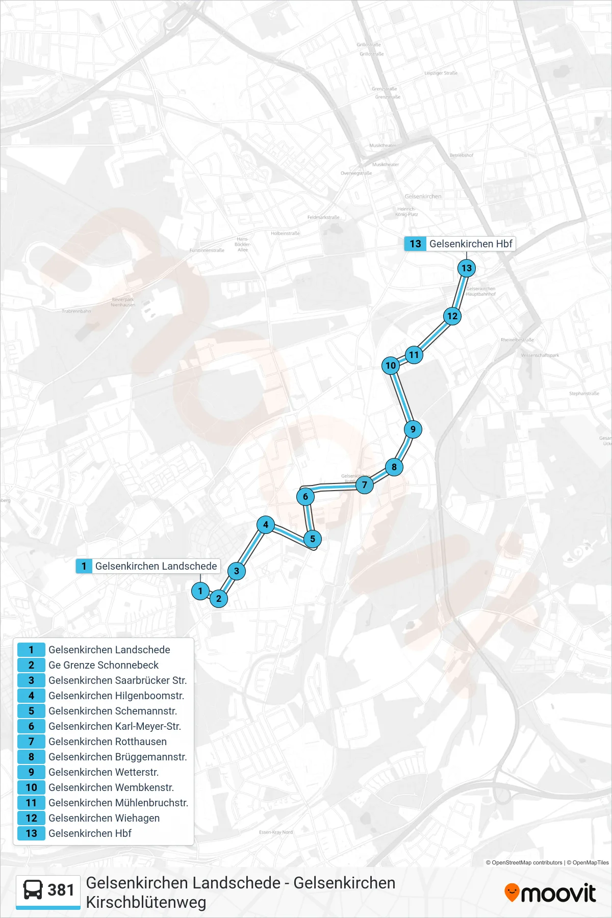 381 bus Line (Gelsenkirchen Hbf) route and stops on a map