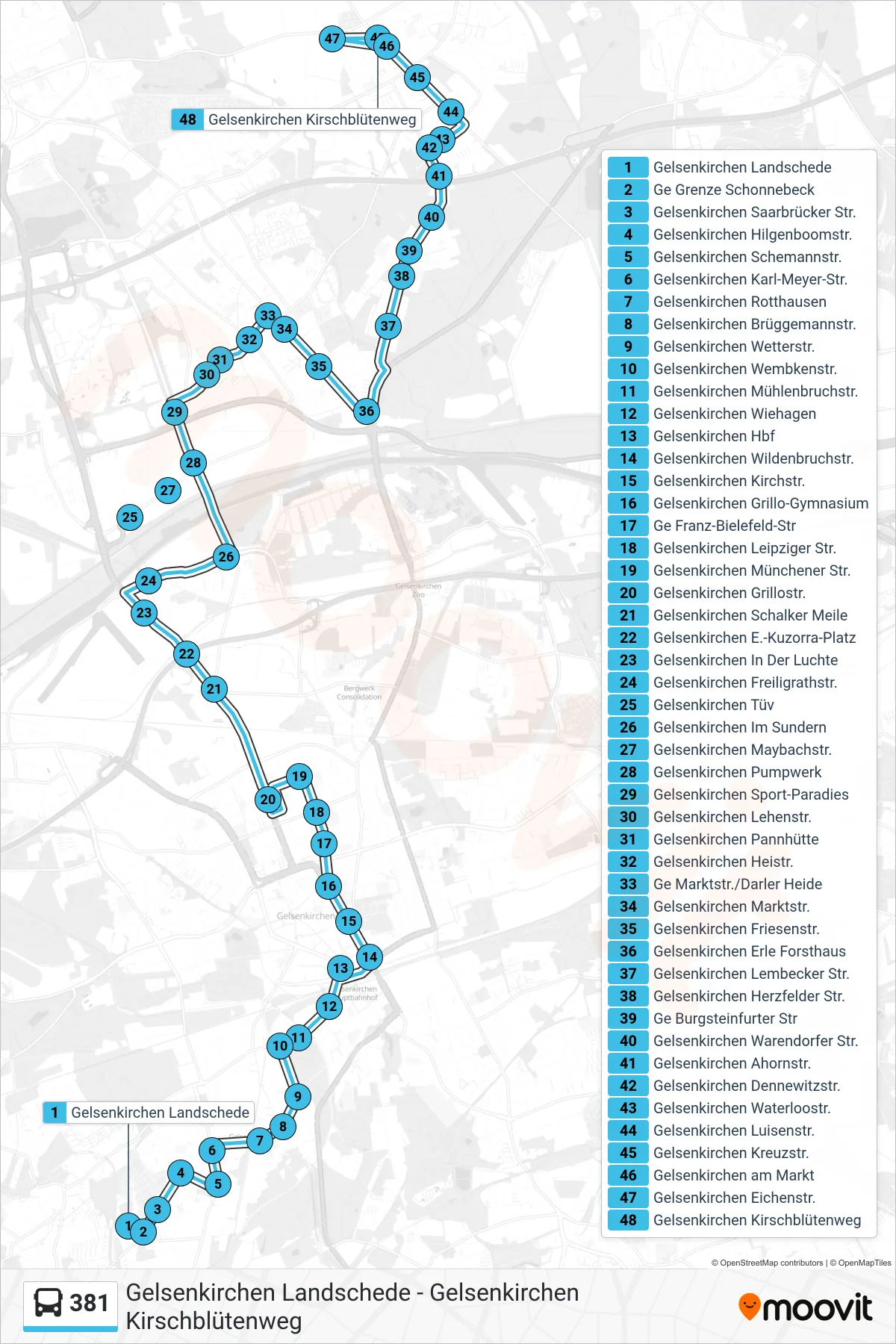 381 bus Line (Gelsenkirchen Kirschblütenweg) route and stops on a map
