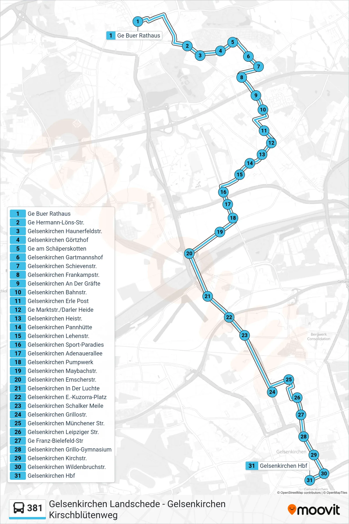 Linie 381 (Bus) Richtung Gelsenkirchen Hbf: Route und Haltestellen auf der Karte