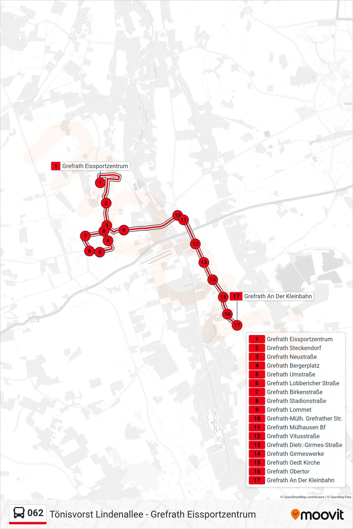 Linie 062 (Bus) Richtung Grefrath An Der Kleinbahn: Route und Haltestellen auf der Karte