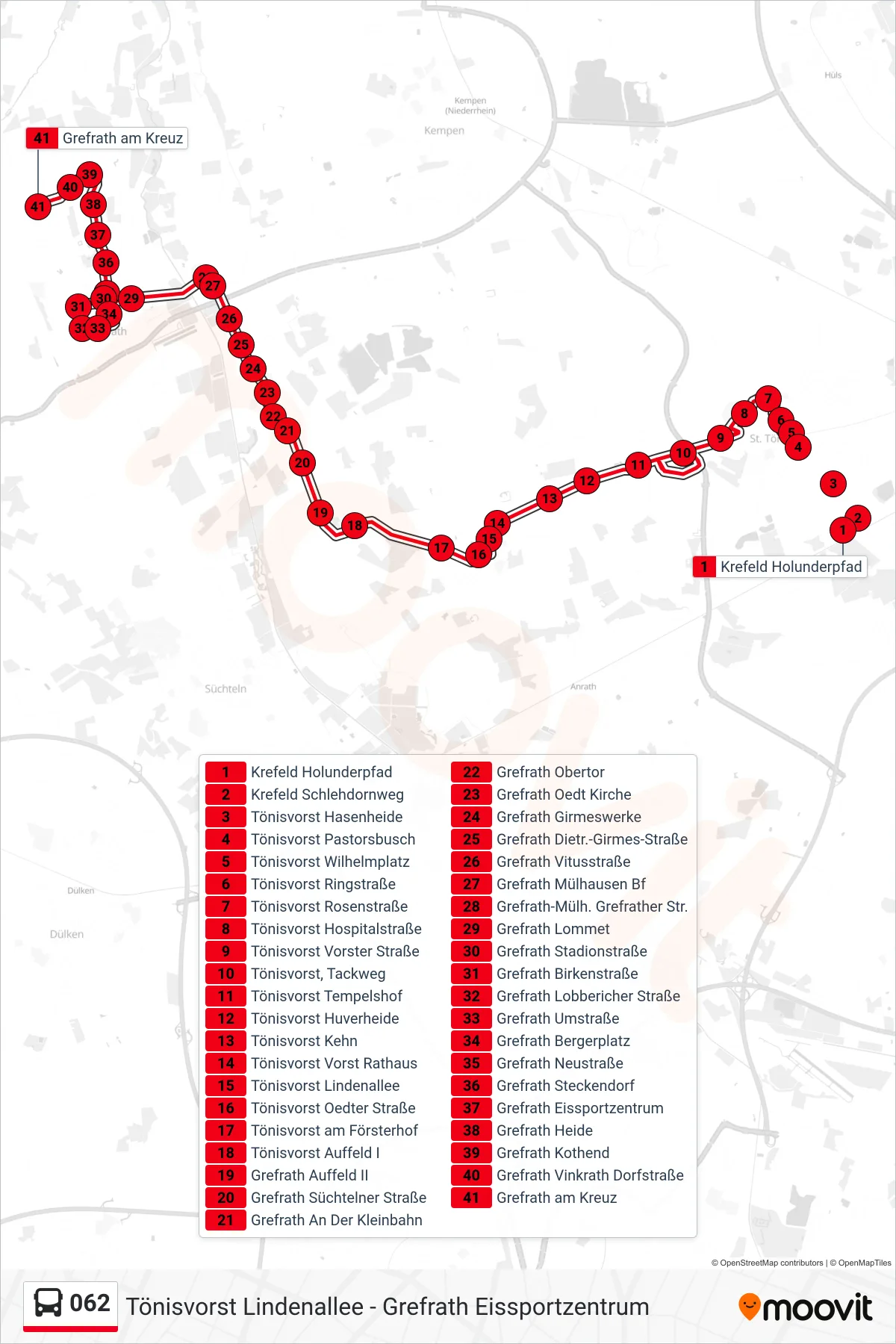Linie 062 (Bus) Richtung Grefrath am Kreuz: Route und Haltestellen auf der Karte
