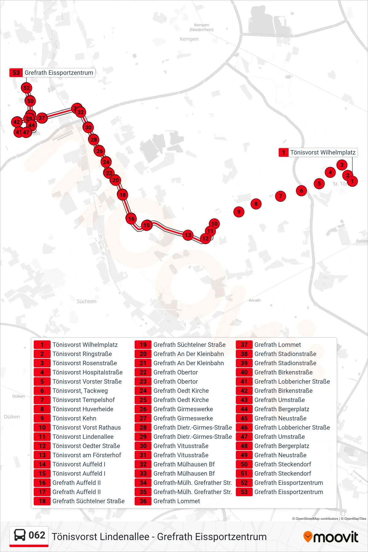 Linie 062 (Bus) Richtung Grefrath Eissportzentrum: Route und Haltestellen auf der Karte