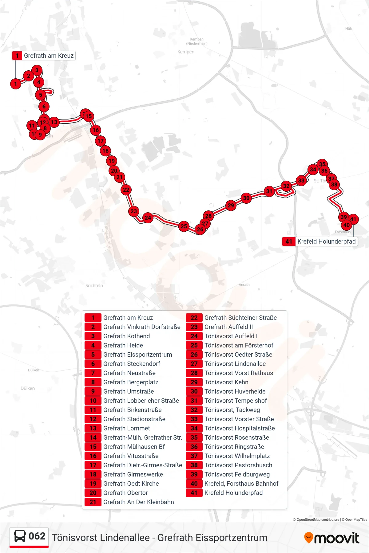 062 bus Line (Krefeld Holunderpfad) route and stops on a map
