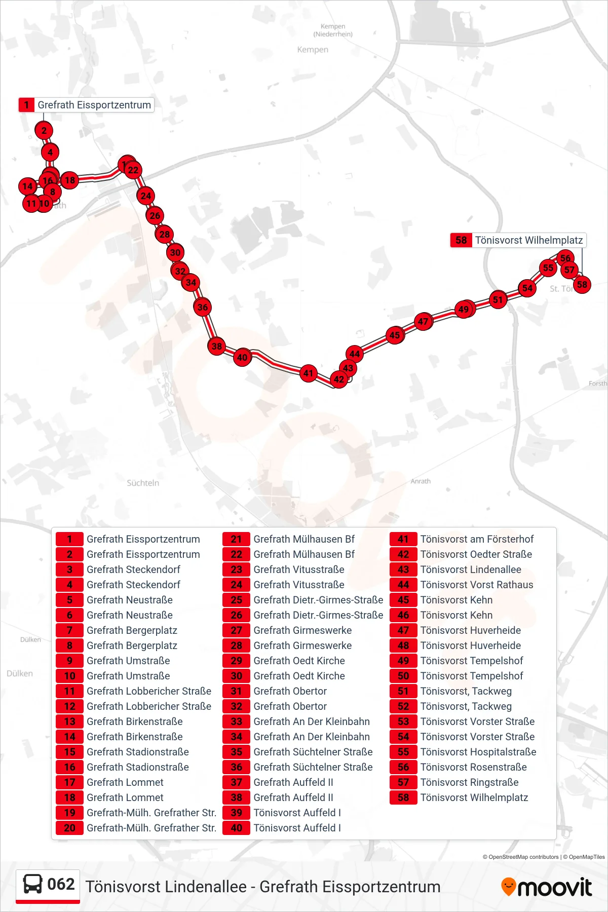 Linie 062 (Bus) Richtung Tönisvorst Wilhelmplatz: Route und Haltestellen auf der Karte