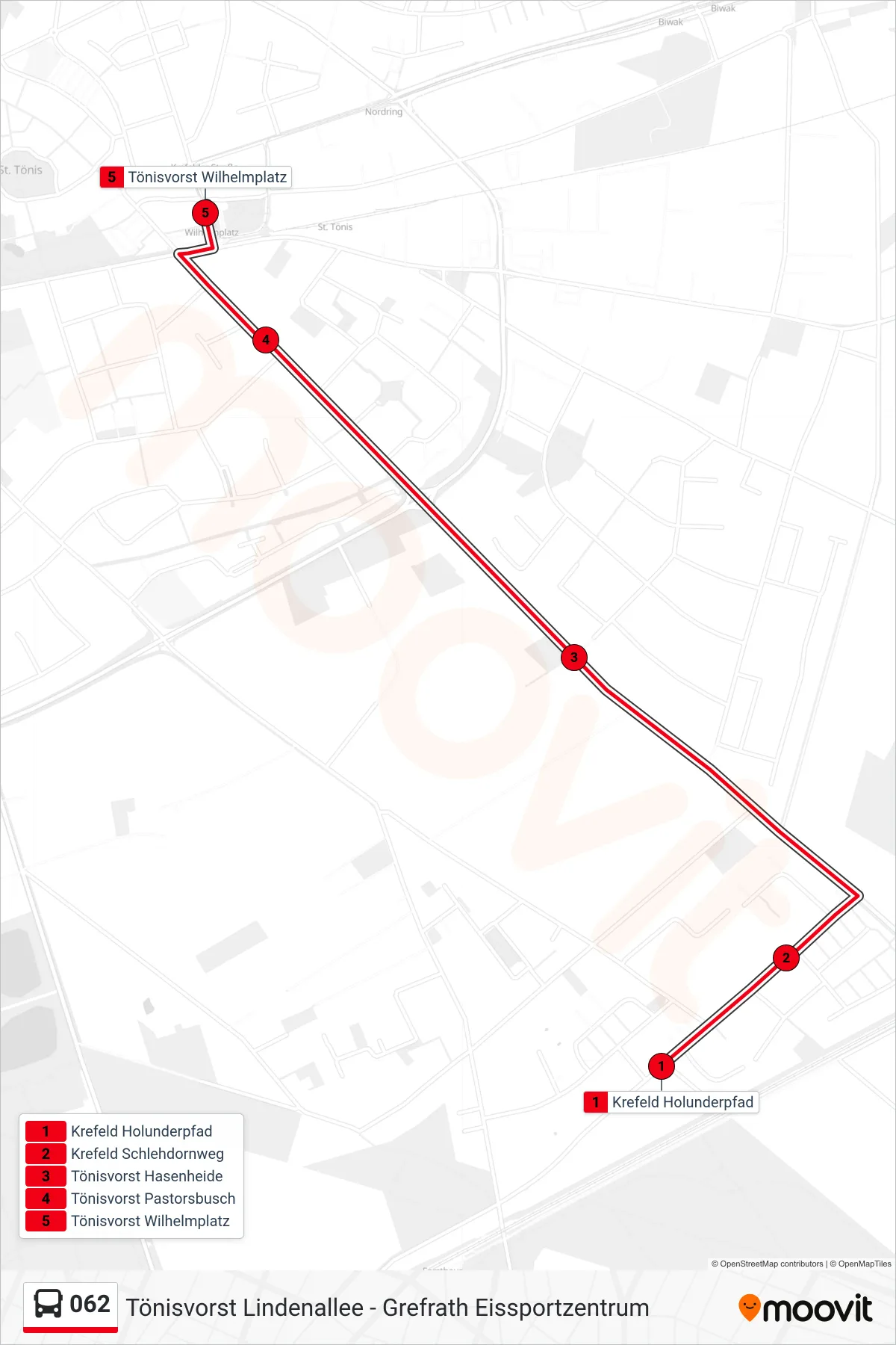 Linie 062 (Bus) Richtung Tönisvorst Wilhelmplatz: Route und Haltestellen auf der Karte