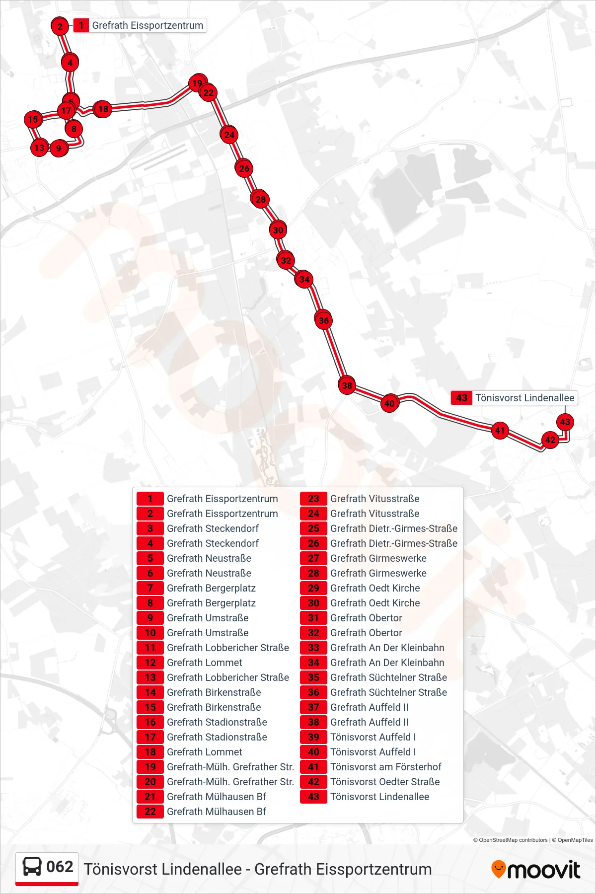 Linie 062 (Bus) Richtung Tönisvorst Lindenallee: Route und Haltestellen auf der Karte