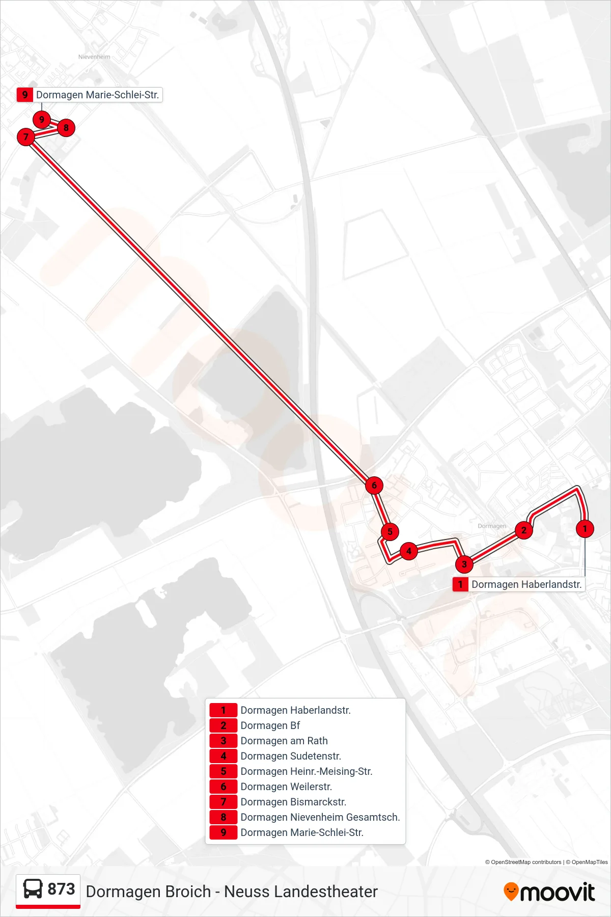 Linie 873 (Bus) Richtung Dormagen Marie-Schlei-Str.: Route und Haltestellen auf der Karte