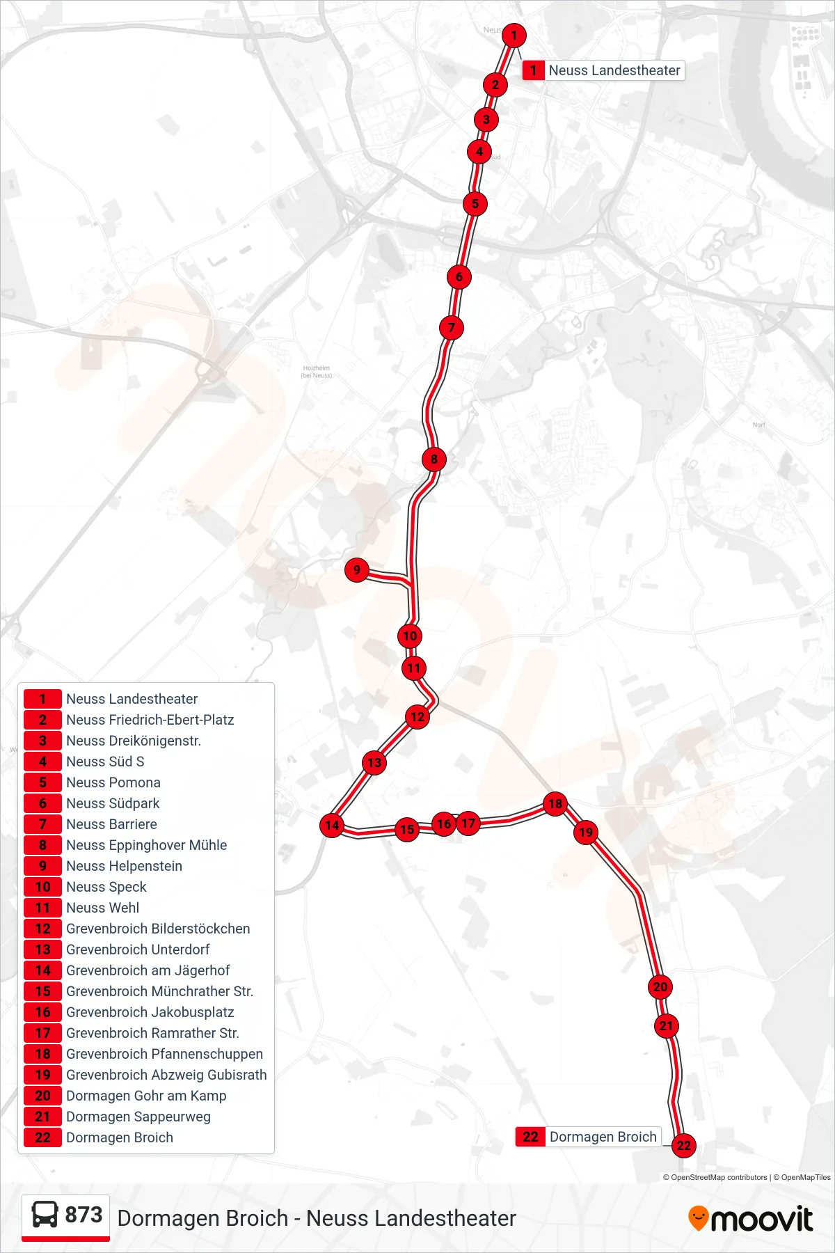Linie 873 (Bus) Richtung Dormagen Broich: Route und Haltestellen auf der Karte