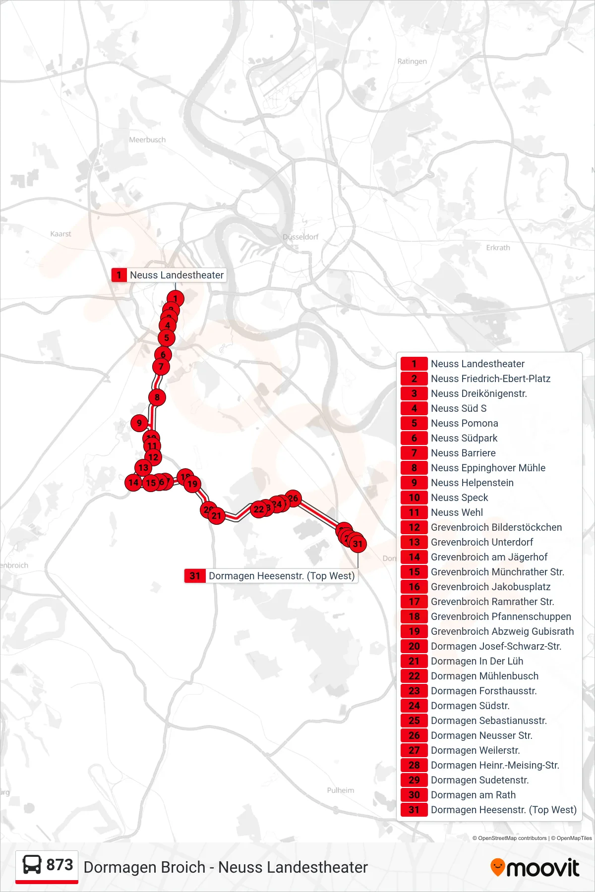 873 bus Line (Dormagen Heesenstr. (Top West)) route and stops on a map