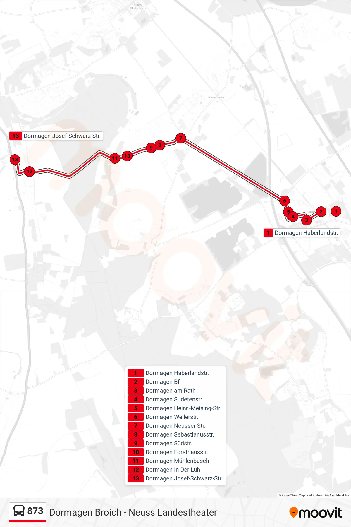 Linie 873 (Bus) Richtung Dormagen Josef-Schwarz-Str.: Route und Haltestellen auf der Karte