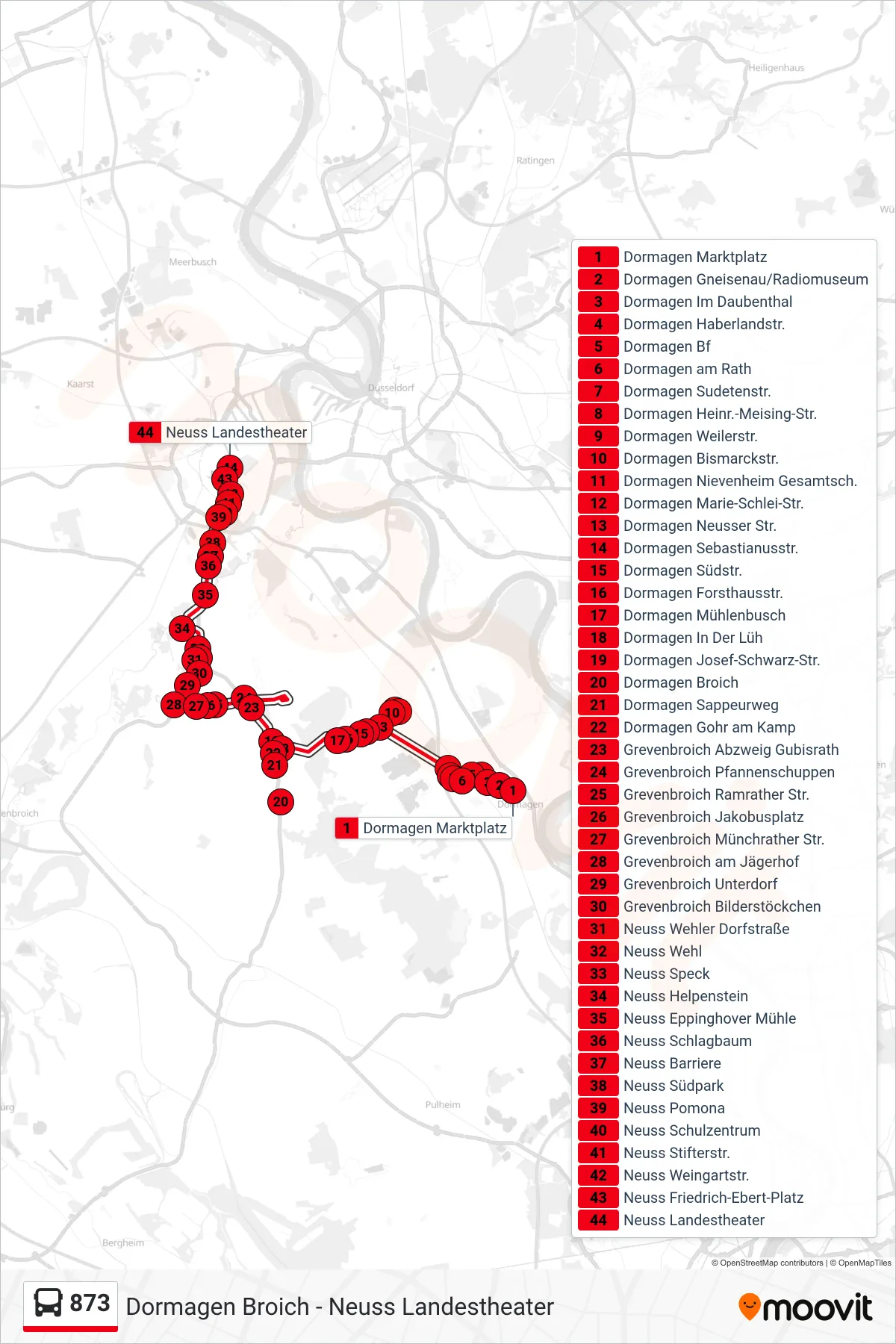873 bus Line (Neuss Landestheater) route and stops on a map
