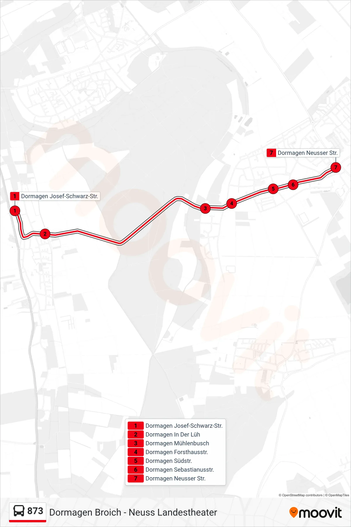 Linie 873 (Bus) Richtung Dormagen Neusser Str.: Route und Haltestellen auf der Karte