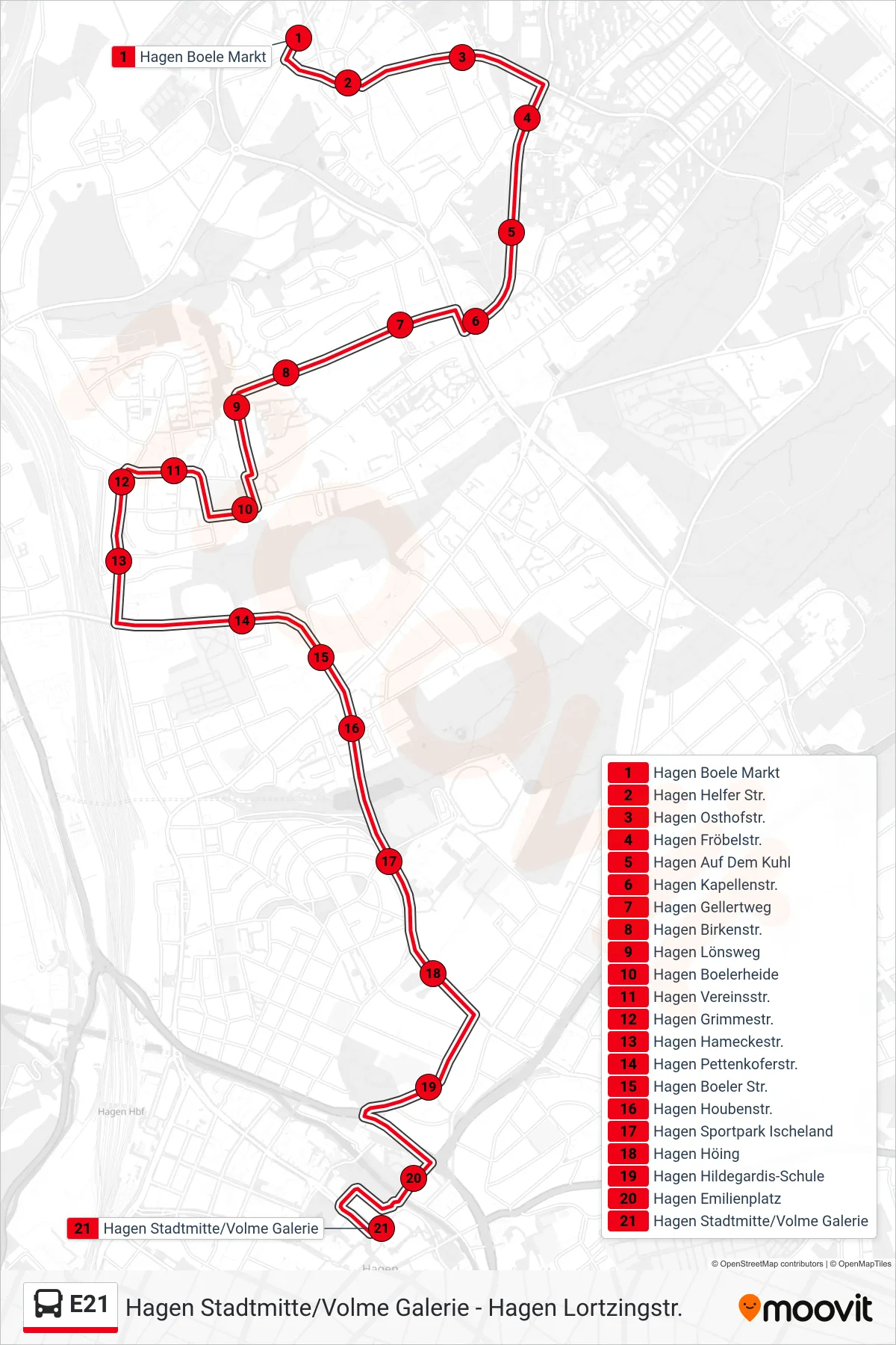 Linie E21 (Bus) Richtung Hagen Stadtmitte/Volme Galerie: Route und Haltestellen auf der Karte