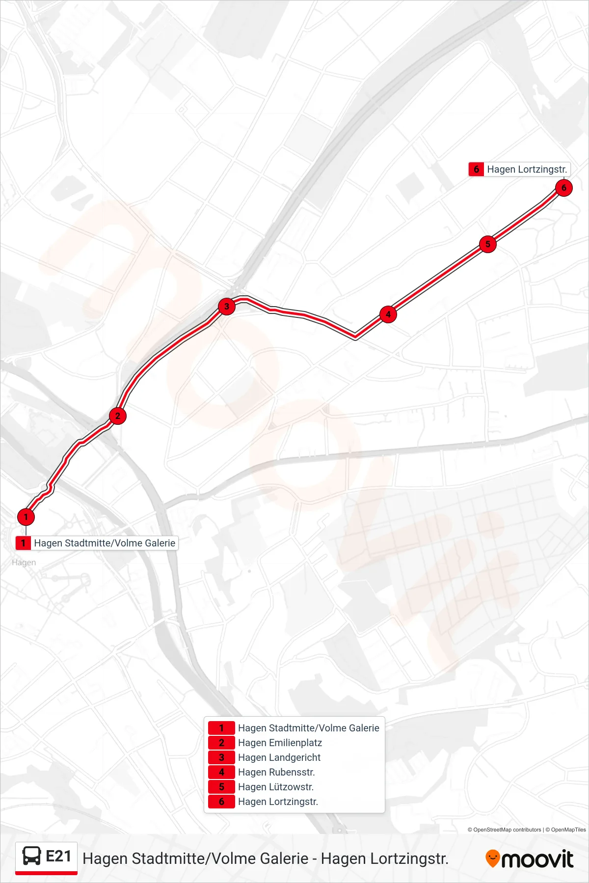 Linie E21 (Bus) Richtung Hagen Lortzingstr.: Route und Haltestellen auf der Karte