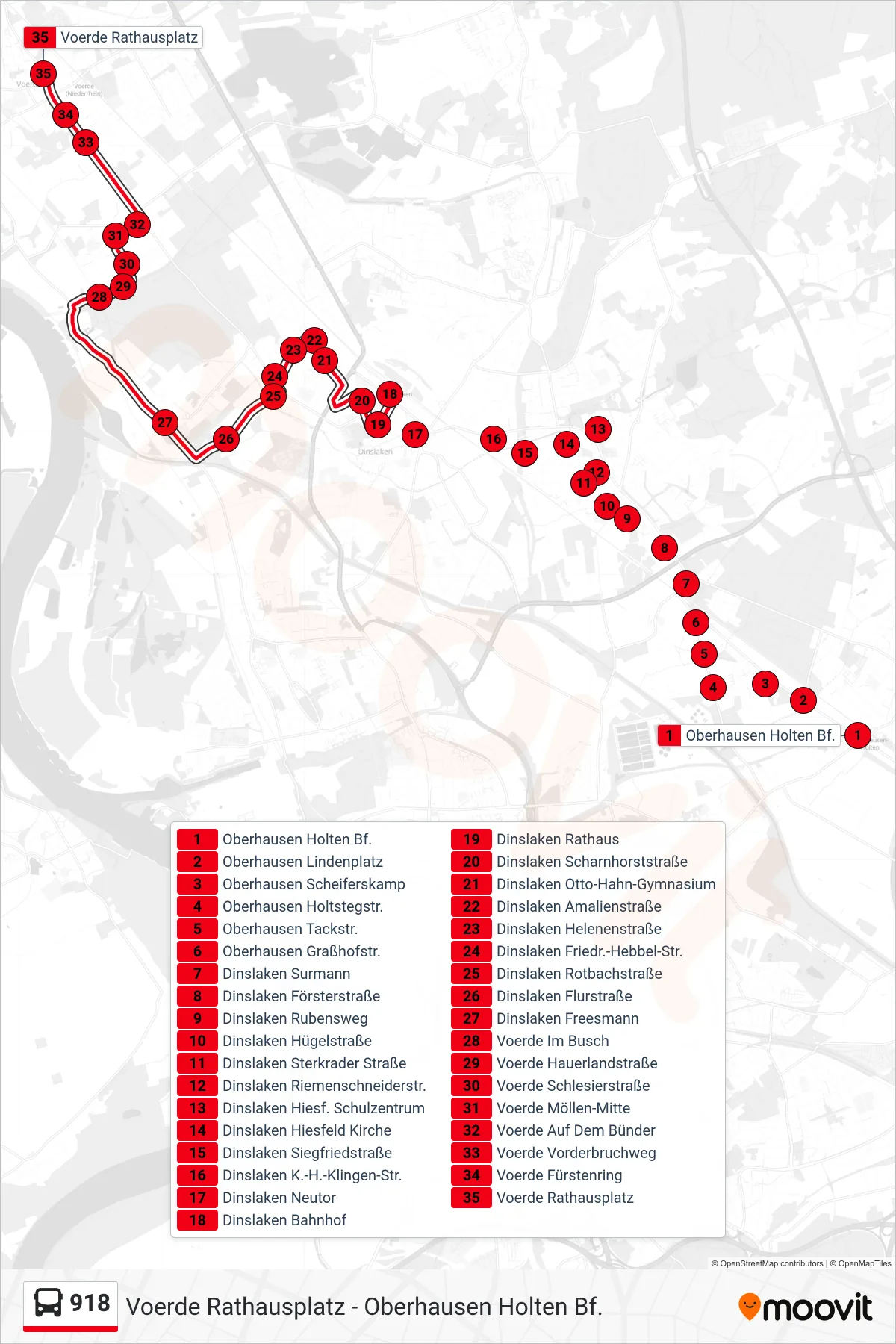 918 bus Line (Voerde Rathausplatz) route and stops on a map