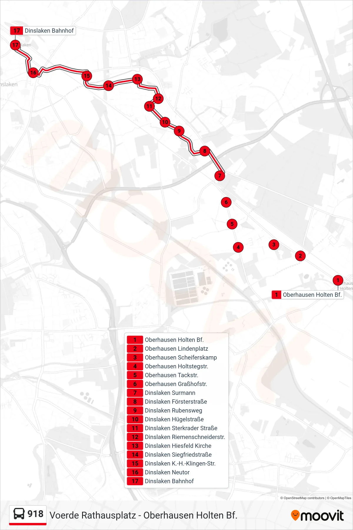 Linie 918 (Bus) Richtung Dinslaken Bahnhof: Route und Haltestellen auf der Karte