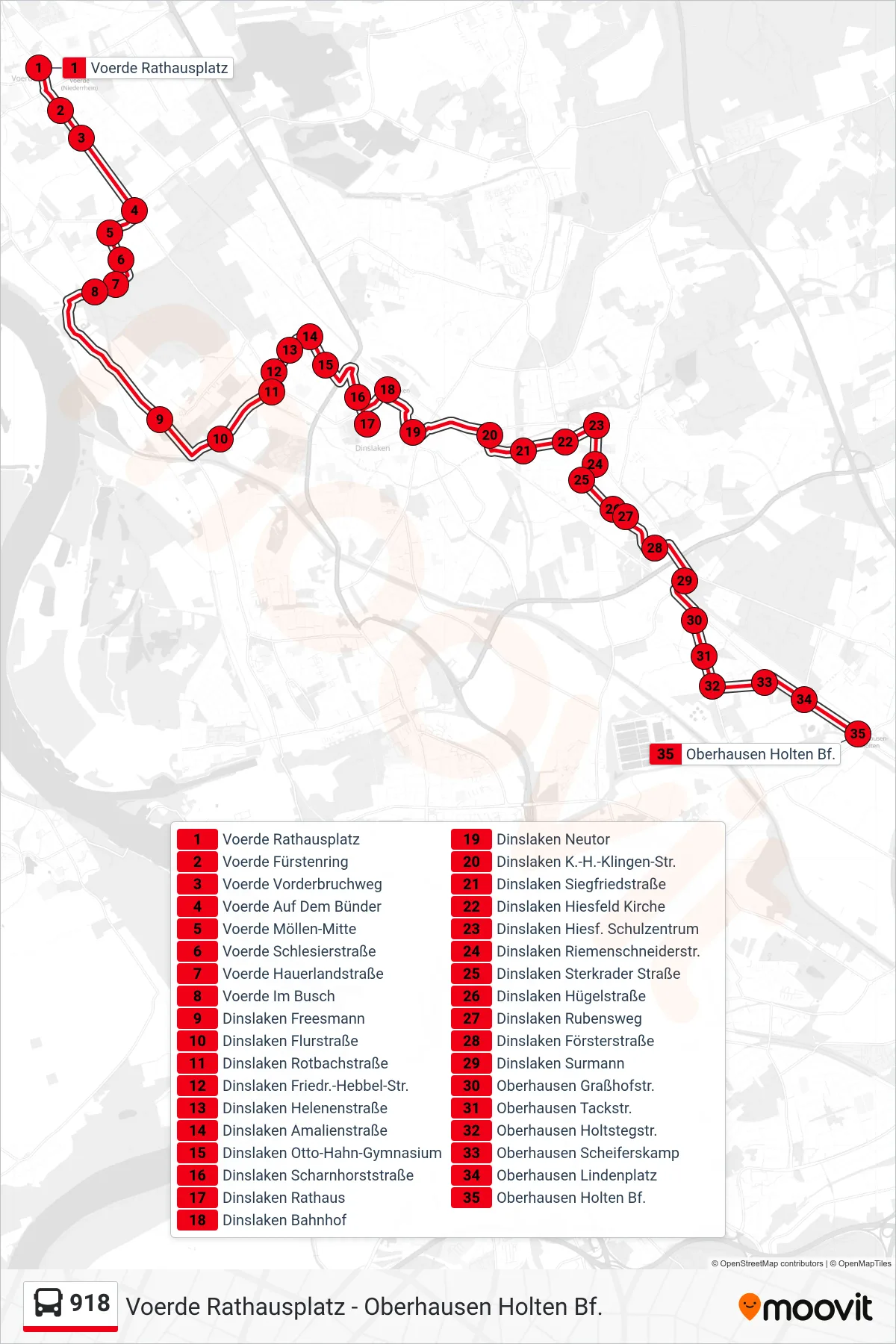 918 bus Line (Oberhausen Holten Bf.) route and stops on a map