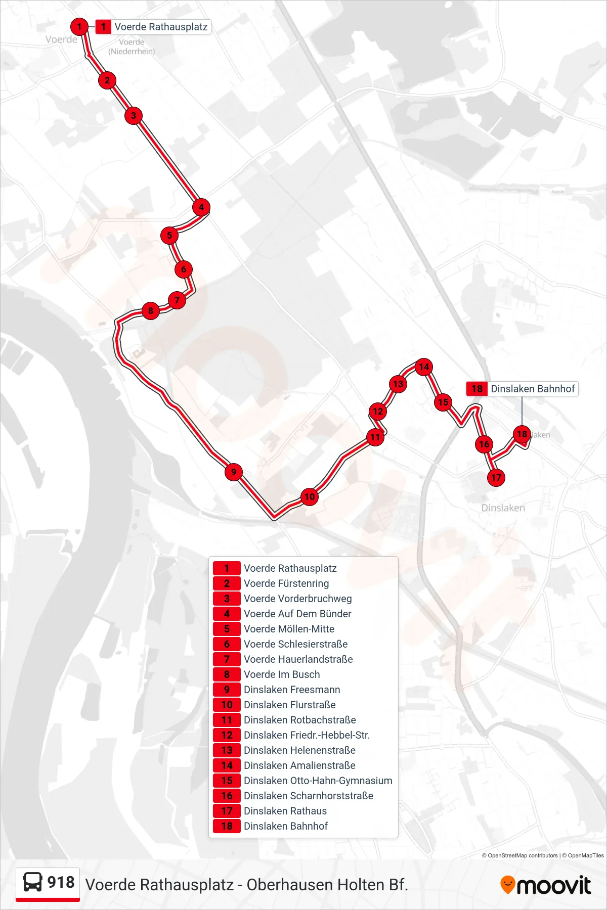 Linie 918 (Bus) Richtung Dinslaken Bahnhof: Route und Haltestellen auf der Karte
